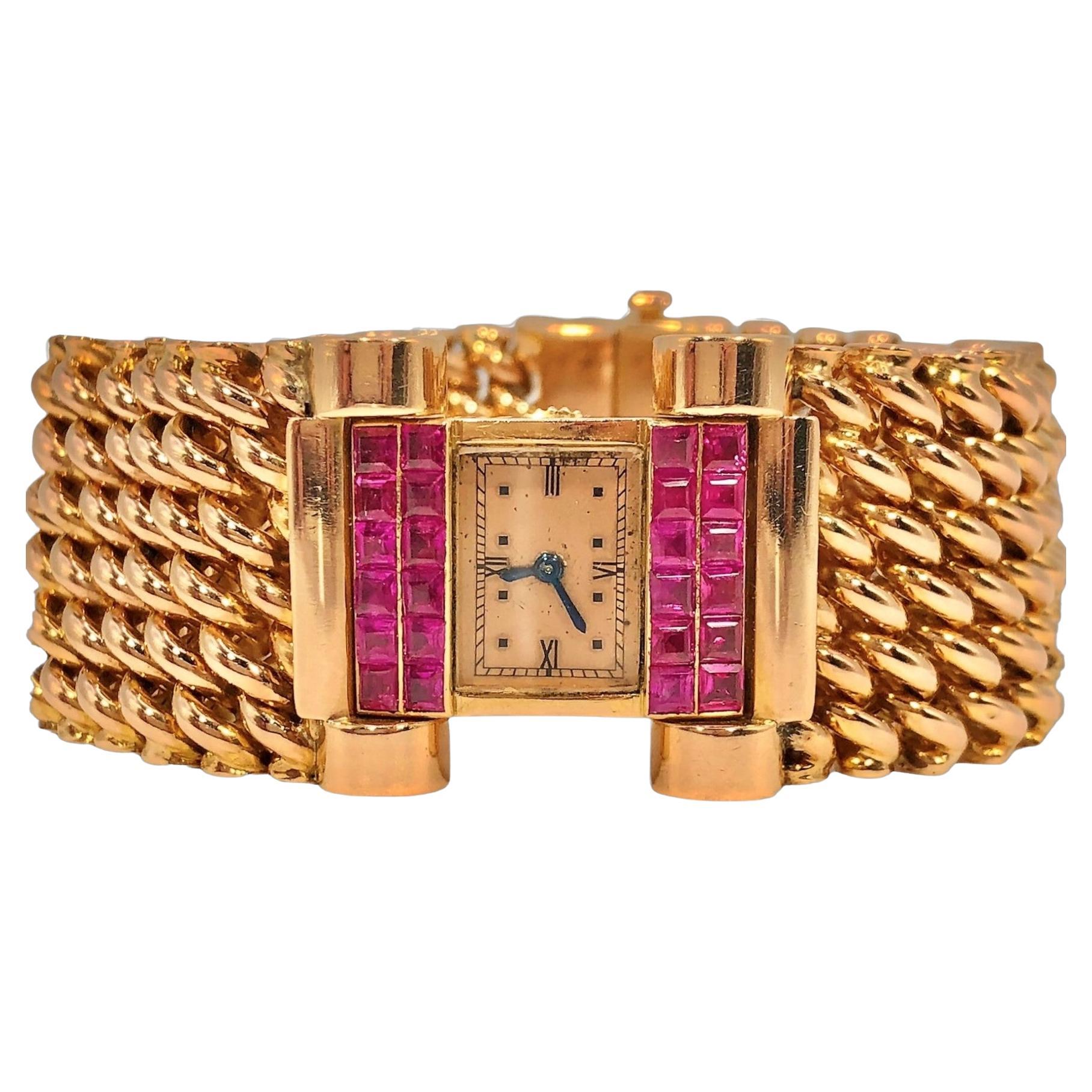 Retro Period Jaeger LeCoultre Ladies Wrist Watch in 18k Pink Gold with Rubies For Sale