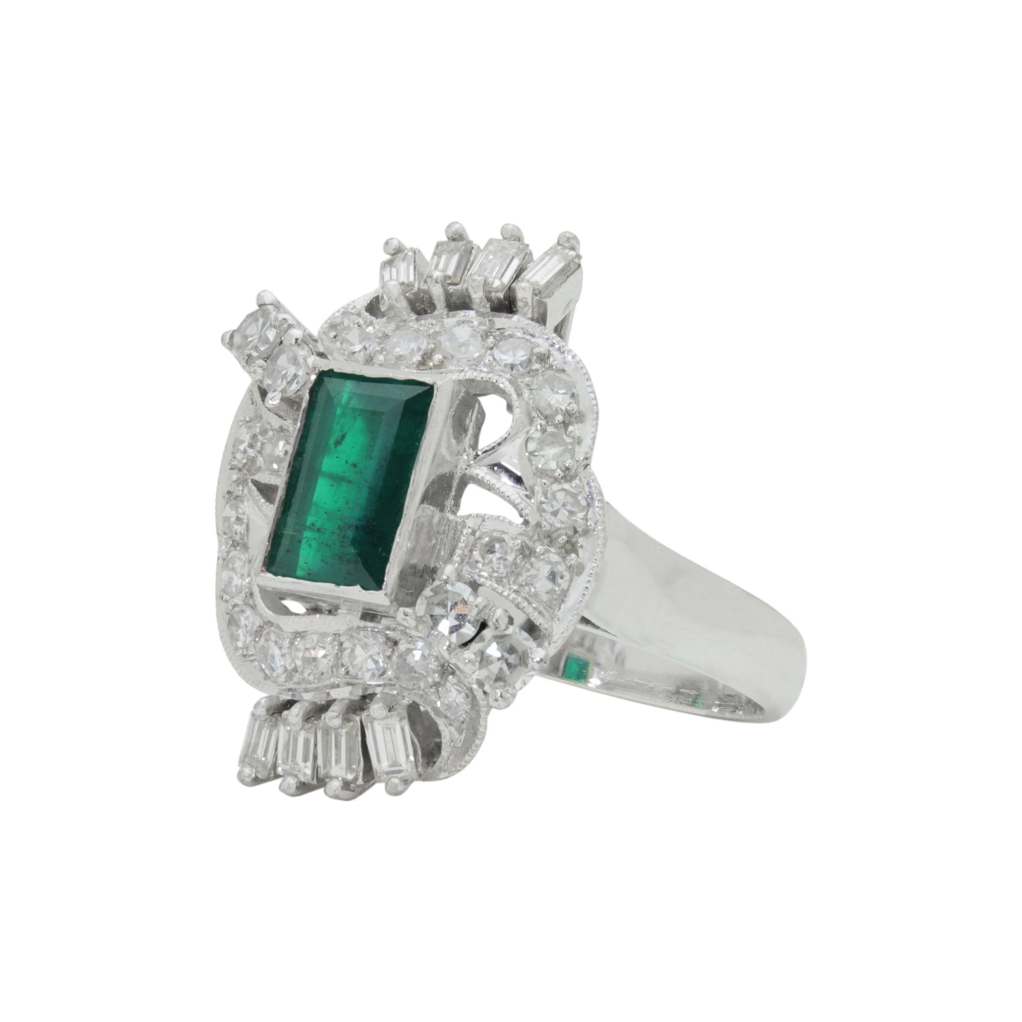Retro Period, Platinum, Diamond and Emerald Cocktail Ring