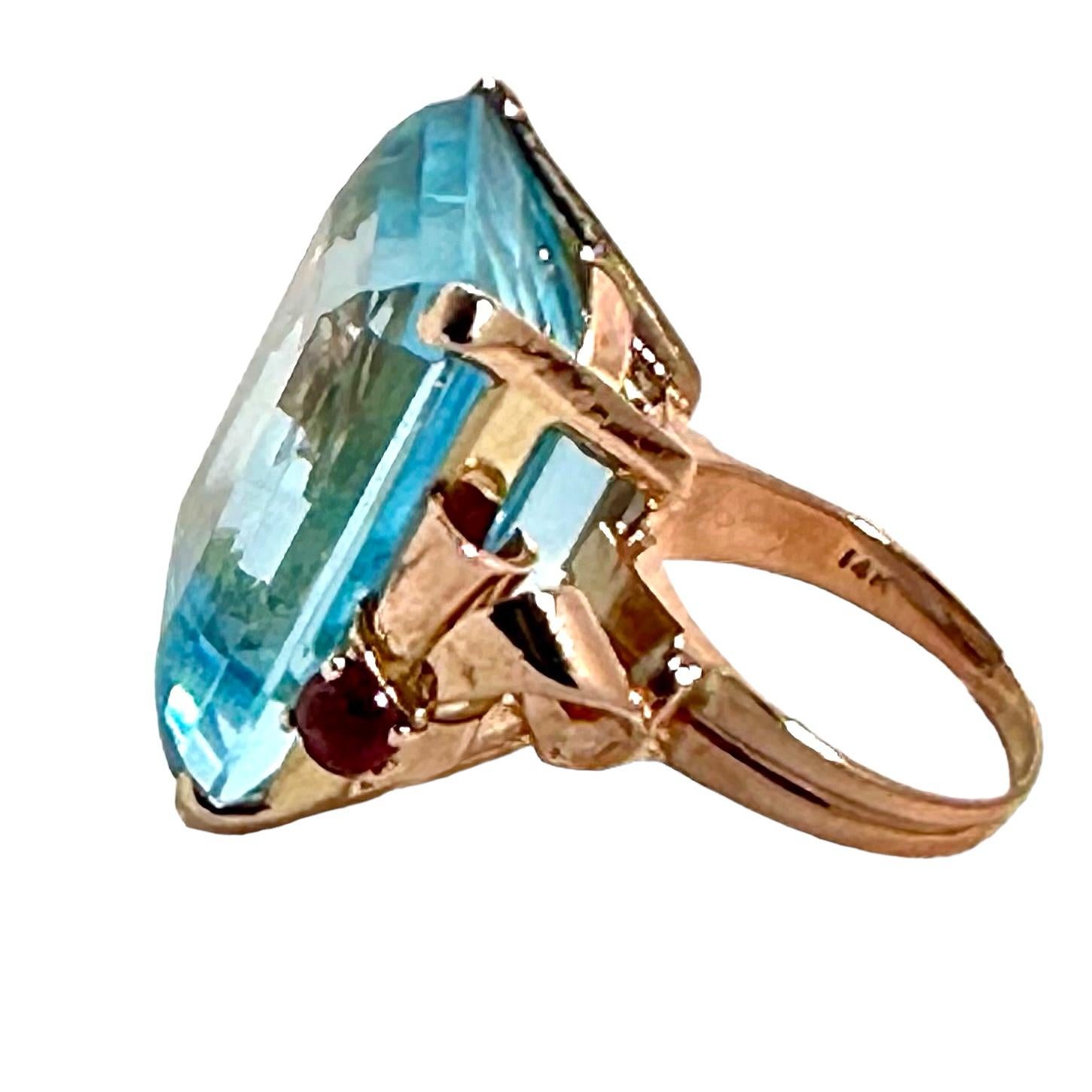 Emerald Cut Retro Period Rose Gold Ring with 51ct Aquamarine and Cabochon Rubies For Sale