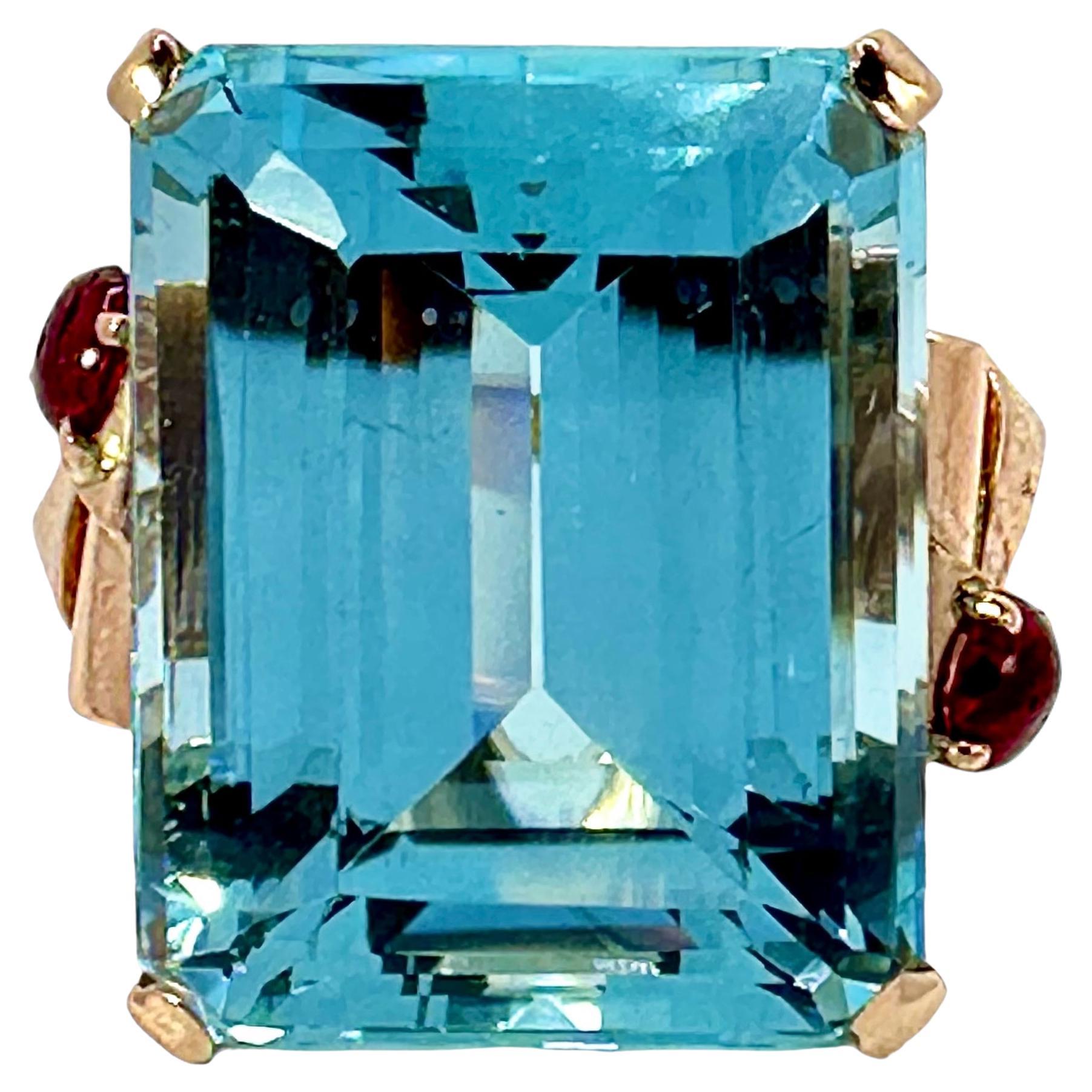 Retro Period Rose Gold Ring with 51ct Aquamarine and Cabochon Rubies