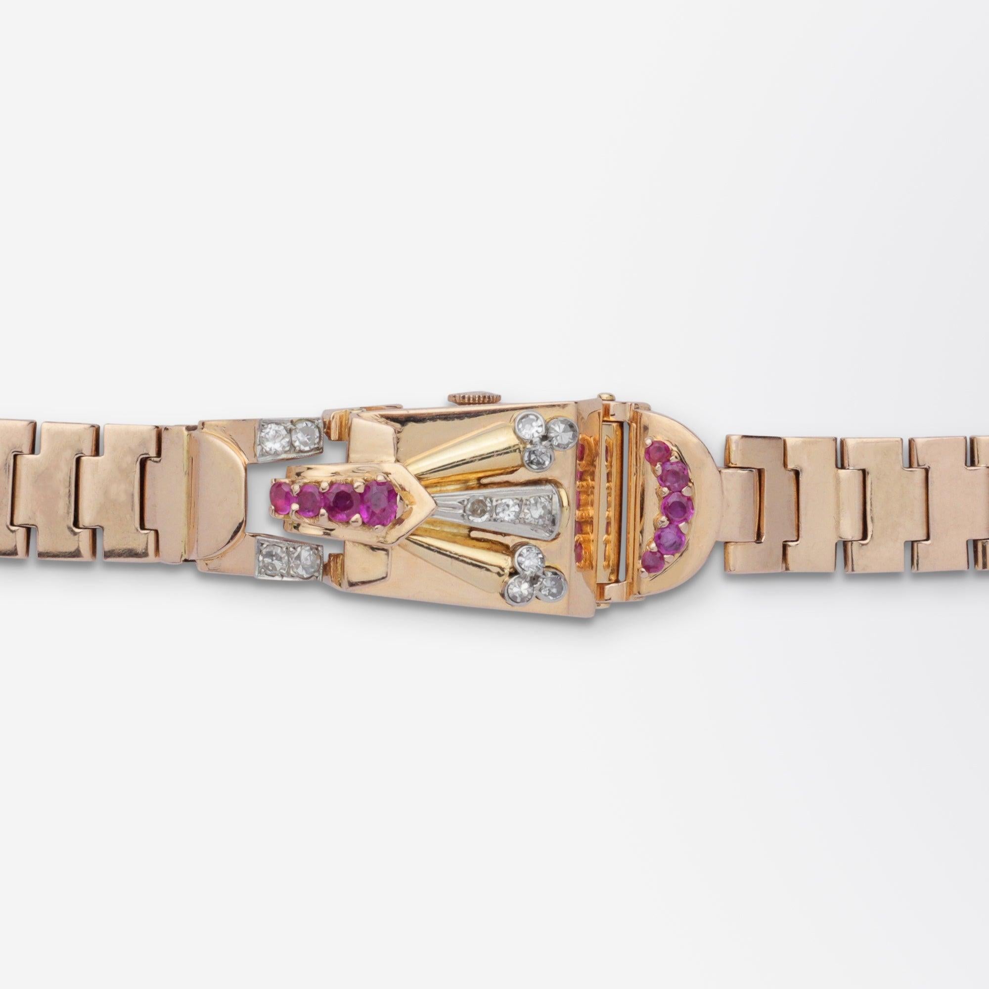 Women's Retro Period, Rose Gold, Ruby, and Diamond Cocktail Watch For Sale