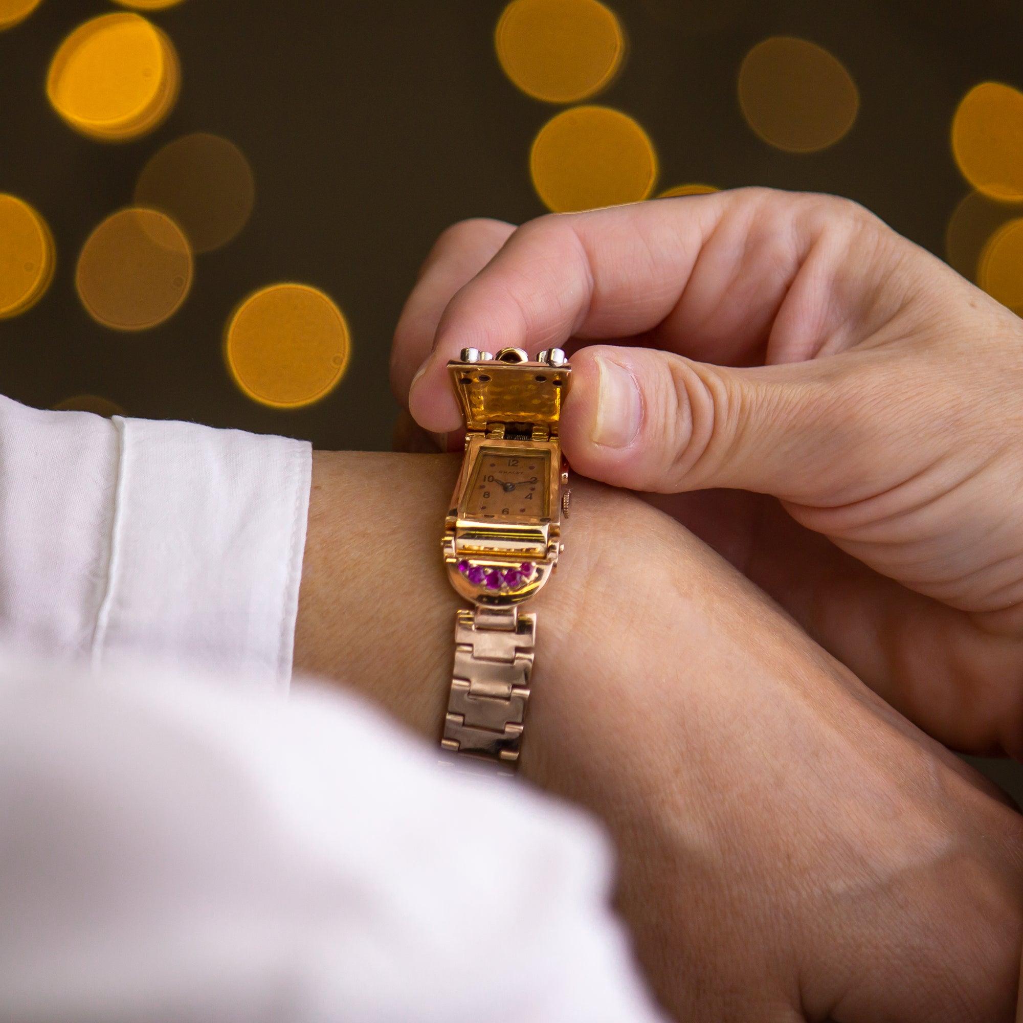 Brilliant Cut Retro Period, Rose Gold, Ruby, and Diamond Cocktail Watch