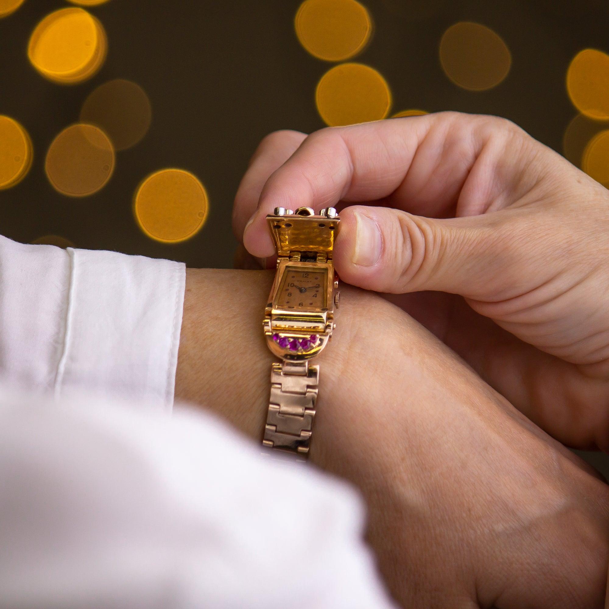 Brilliant Cut Retro Period, Rose Gold, Ruby, and Diamond Cocktail Watch For Sale