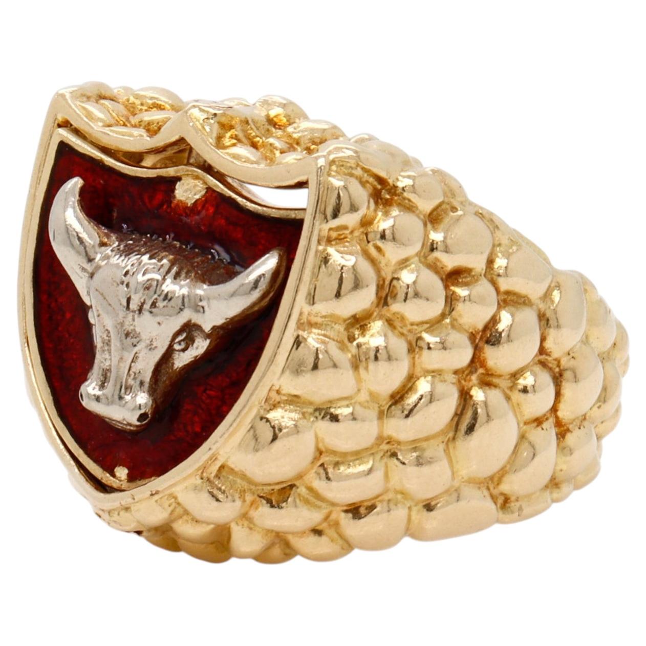 Retro Peter Lindeman Wall Street Bull & Bear 18K Gold & Enamel "Turnit" Ring For Sale