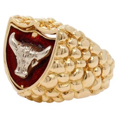 Retro-Ring „Turnit“ von Peter Lindeman mit Wall-Street-Stier und -Bär aus 18-karätigem Gold und Emaille