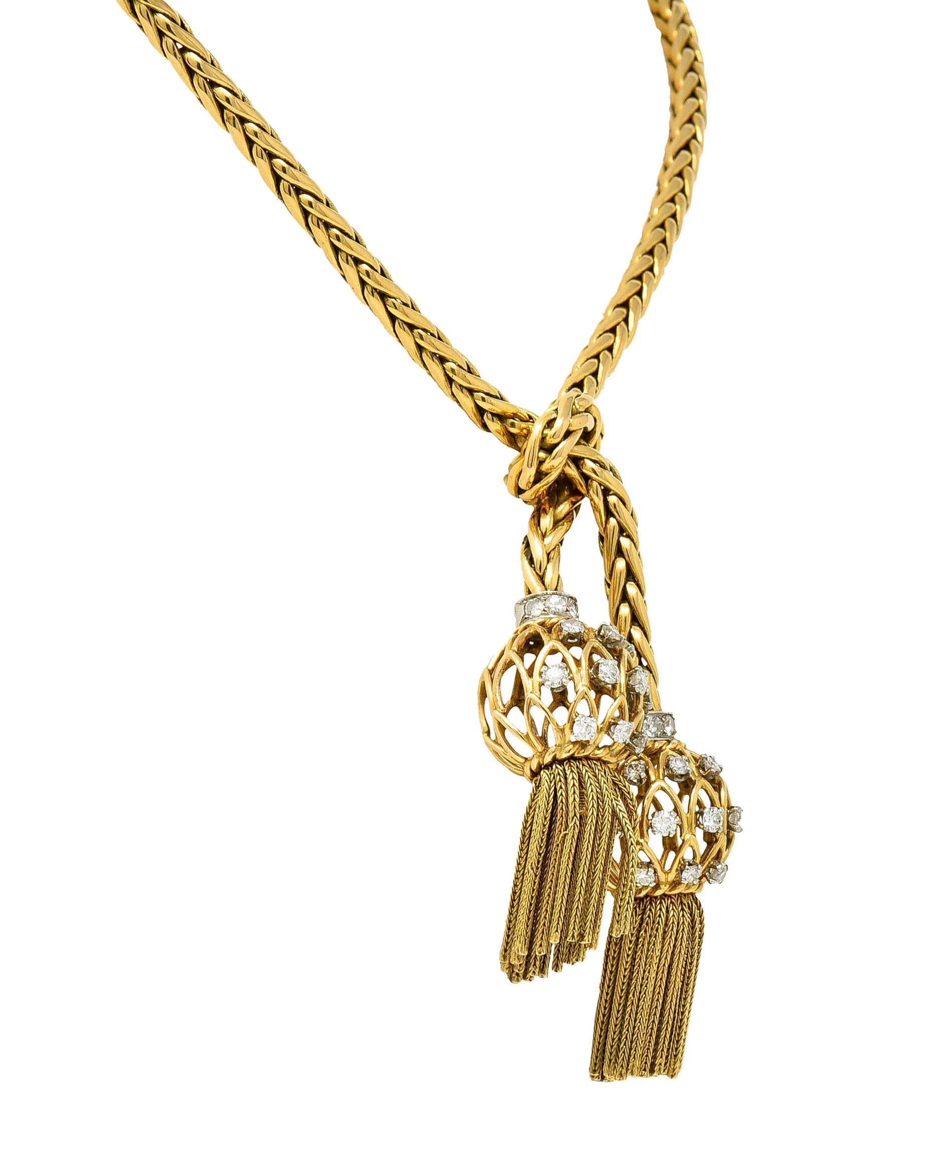 Women's or Men's Retro Pierre Sterlé Diamond Platinum and 18 Karat Gold Tassel Necklace Paris