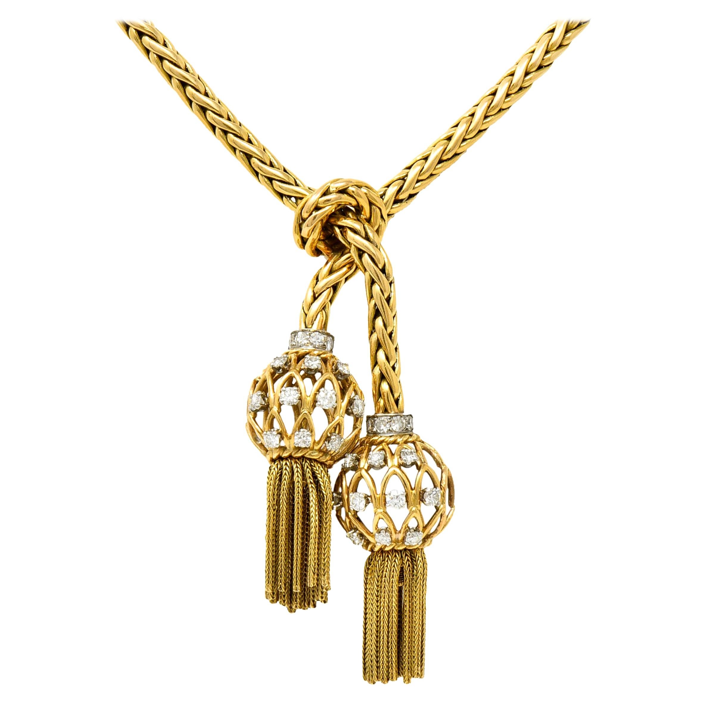 Retro Pierre Sterlé Diamond Platinum and 18 Karat Gold Tassel Necklace Paris