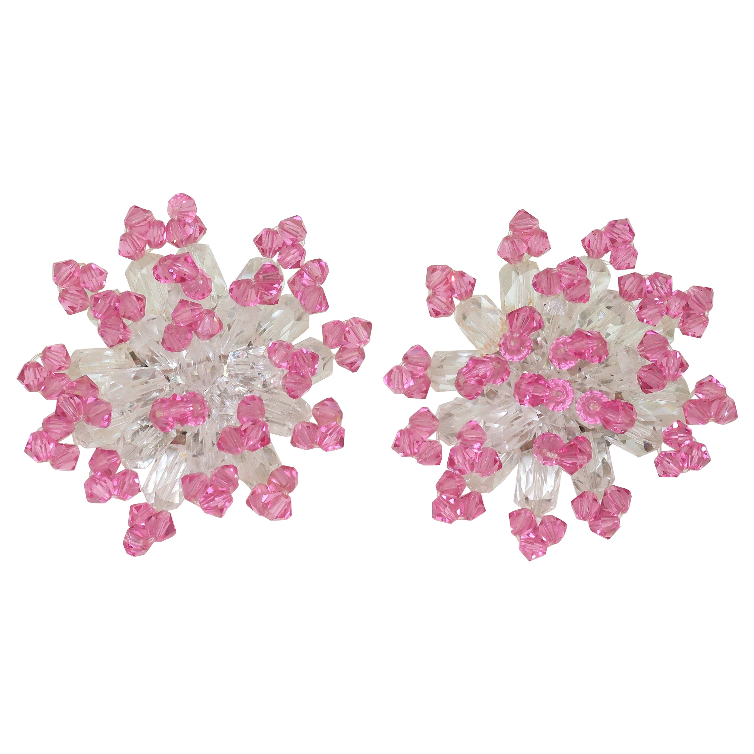 Retro Pink & Clear Crystal Beaded Clip-On Earrings, Circa 1980