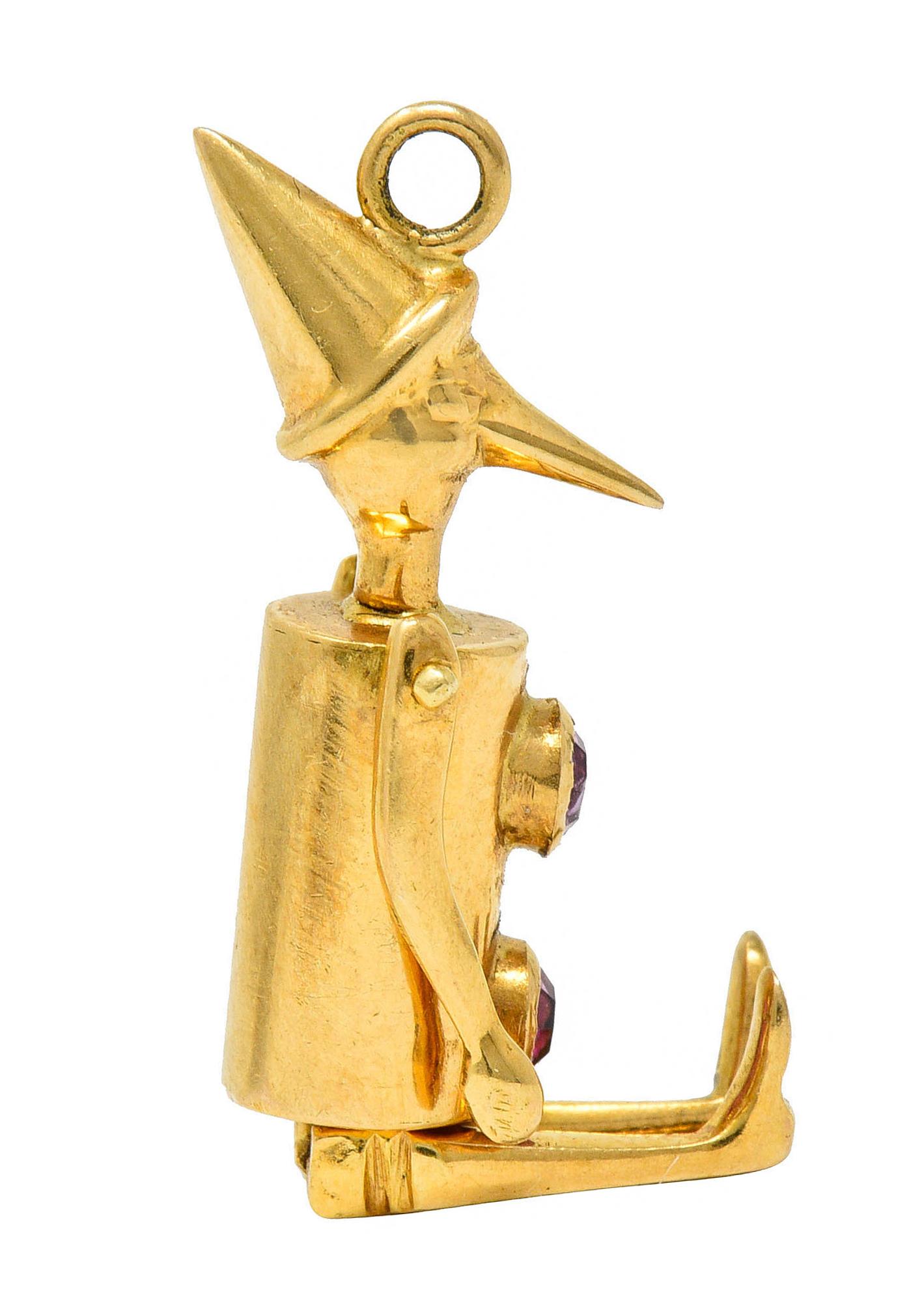Women's or Men's Retro Pink Sapphire 18 Karat Gold Articulated Pinocchio Charm