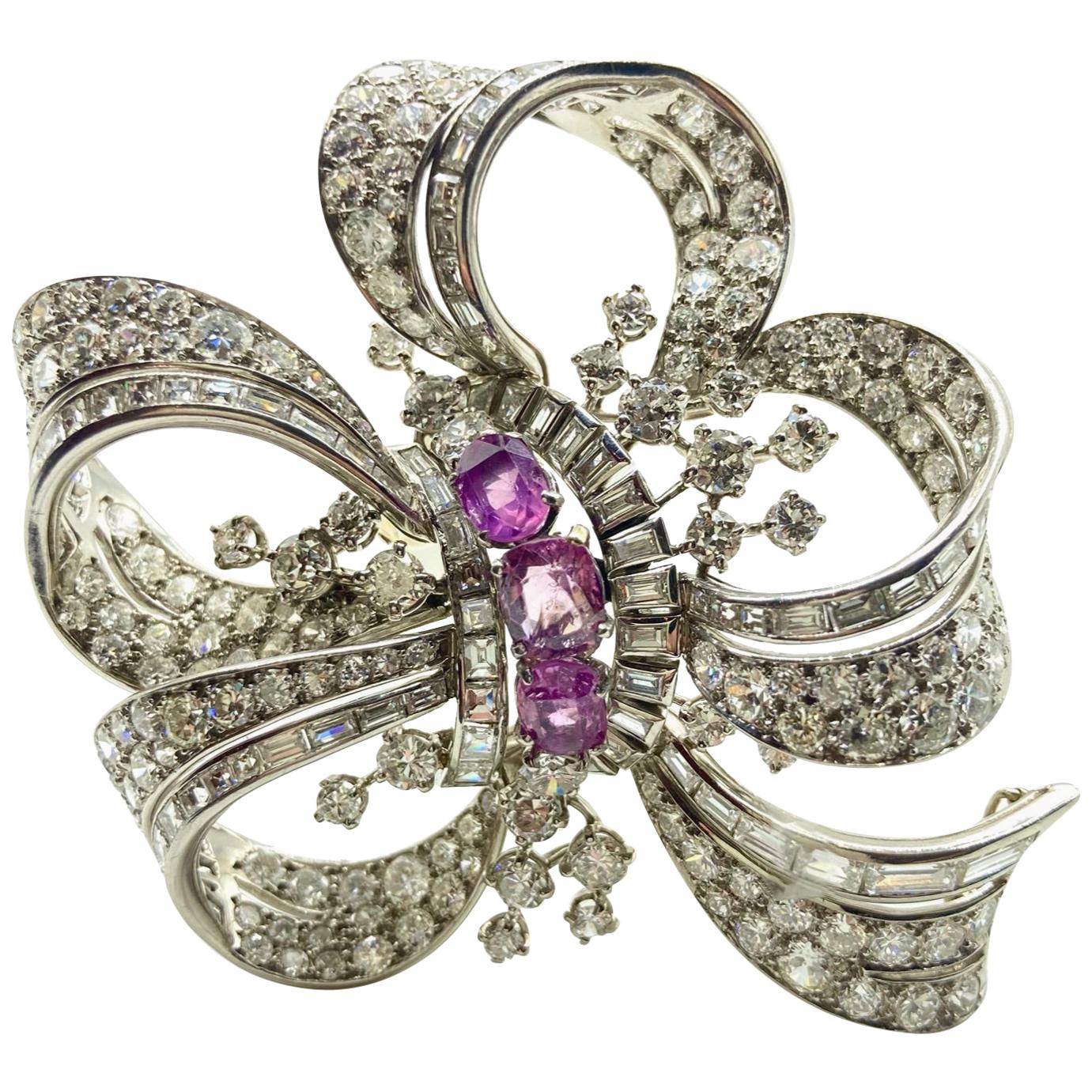 Retro Pink Sapphire and Diamond Bow Brooch by Regner Paris For Sale
