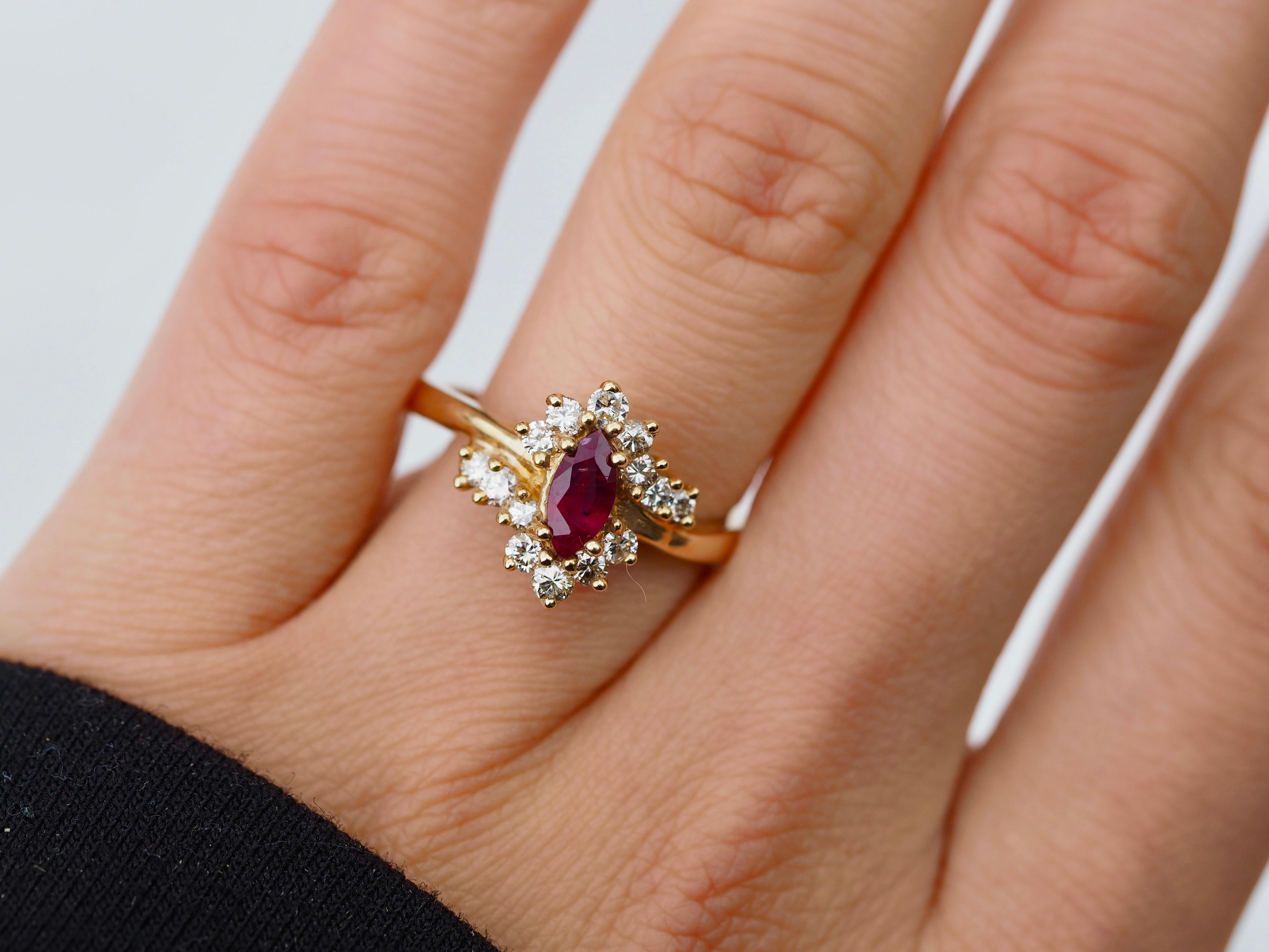 Marquise Cut Retro Pink Sapphire and Diamond Vintage Marquise Ring in 14 Karat Yellow Gold For Sale
