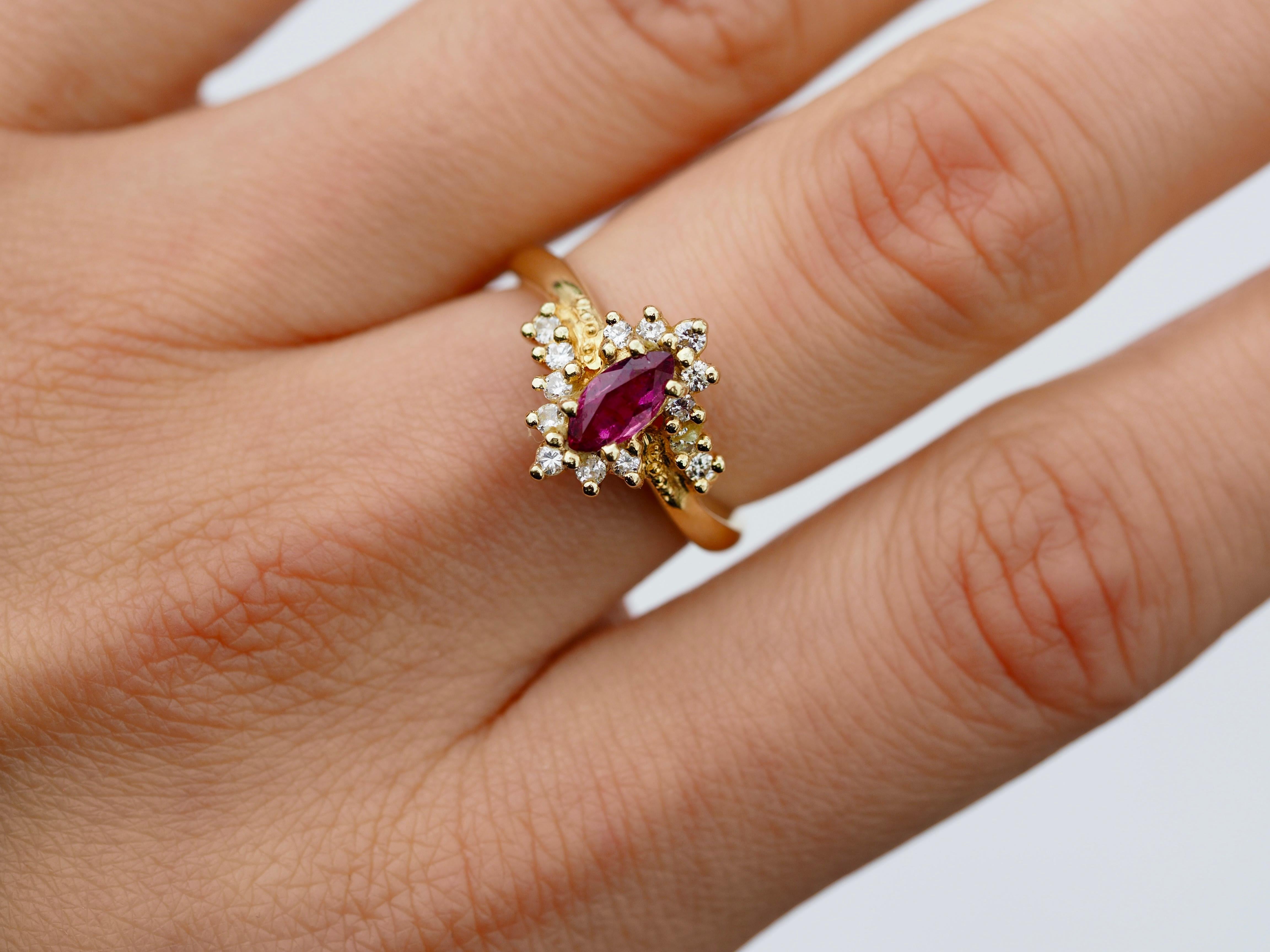 Marquise Cut Retro Pink Sapphire and Diamond Vintage Marquise Ring in 14 Karat Yellow Gold For Sale