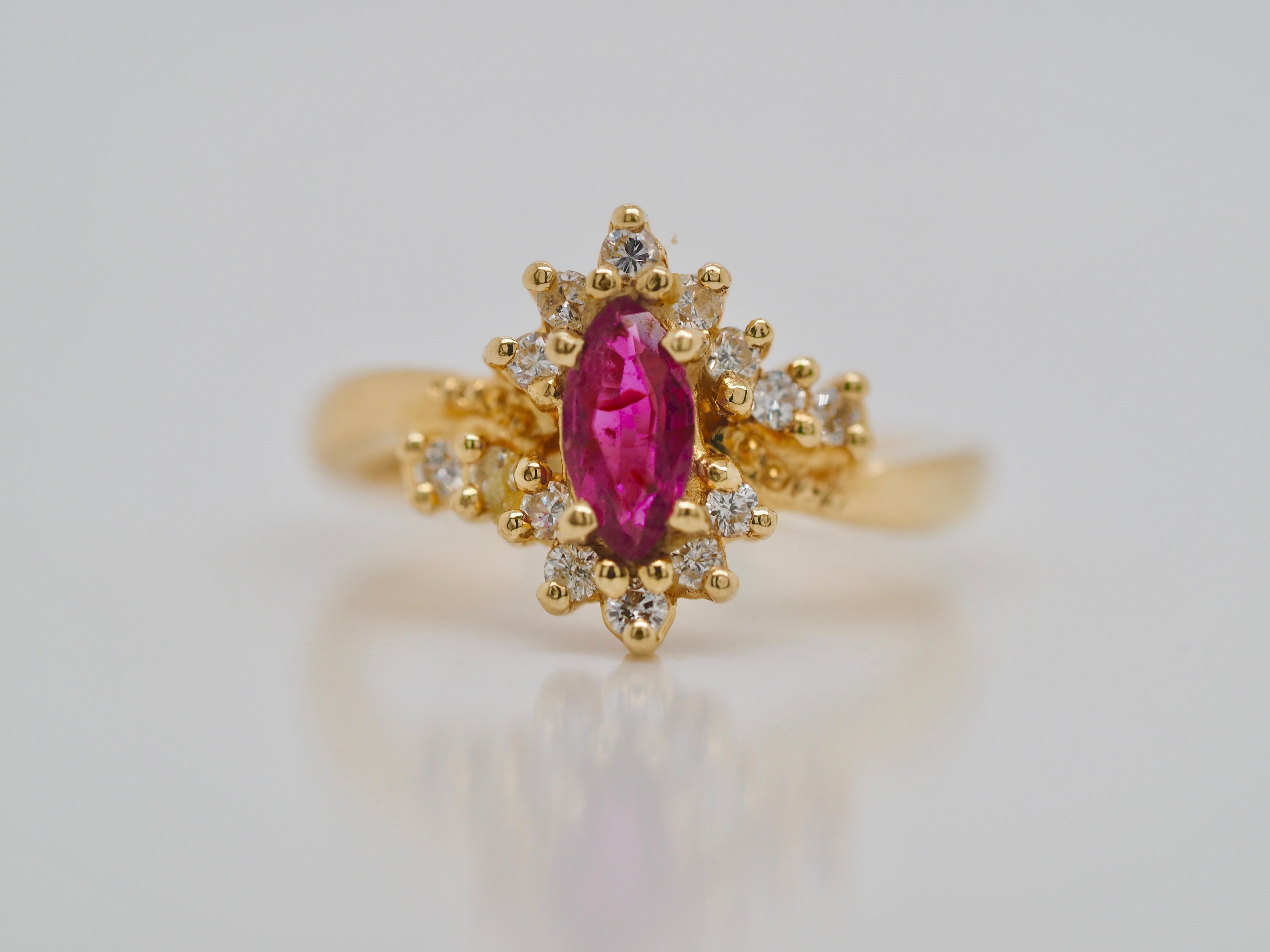 Women's or Men's Retro Pink Sapphire and Diamond Vintage Marquise Ring in 14 Karat Yellow Gold For Sale