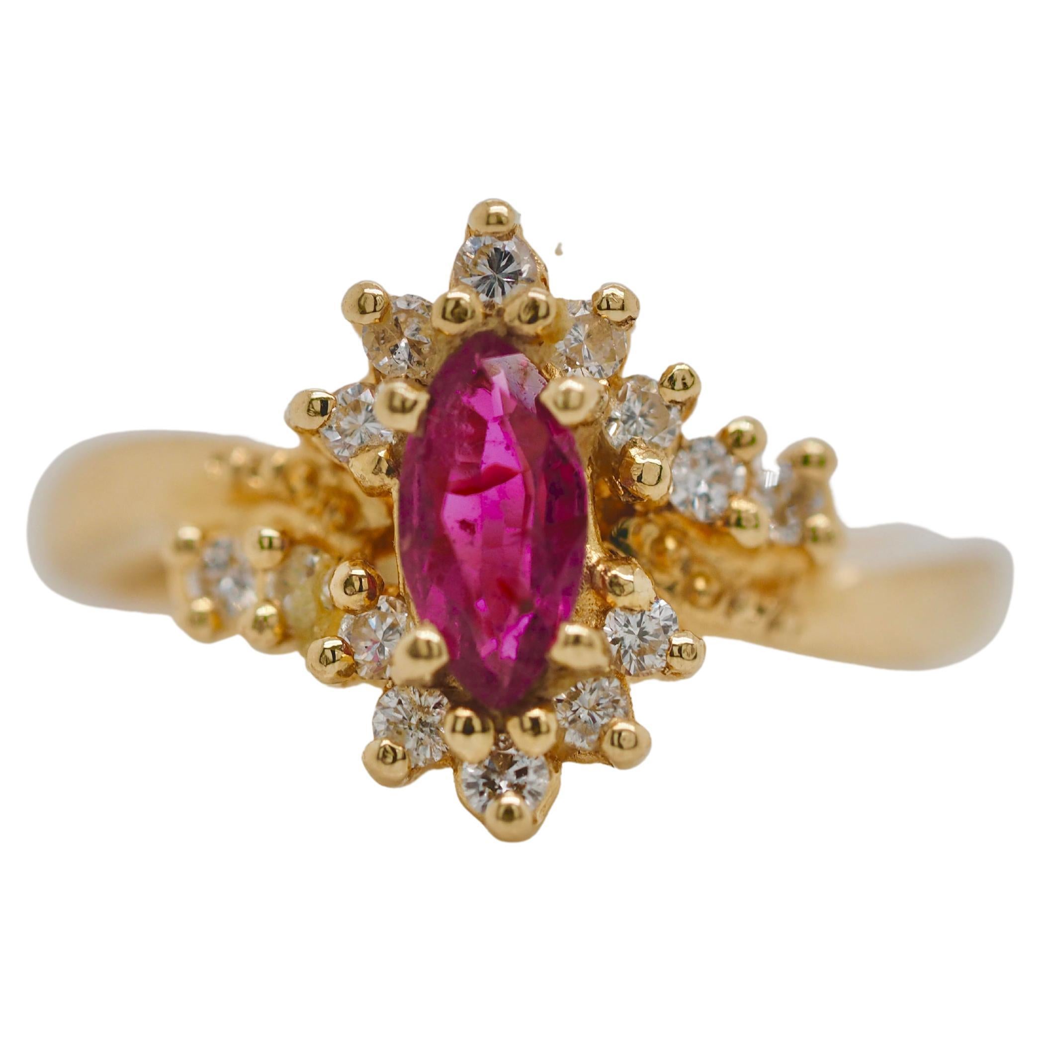 Retro Pink Sapphire and Diamond Vintage Marquise Ring in 14 Karat Yellow Gold For Sale