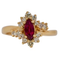 Bague marquise vintage rétro en or jaune 14 carats avec saphir rose et diamants