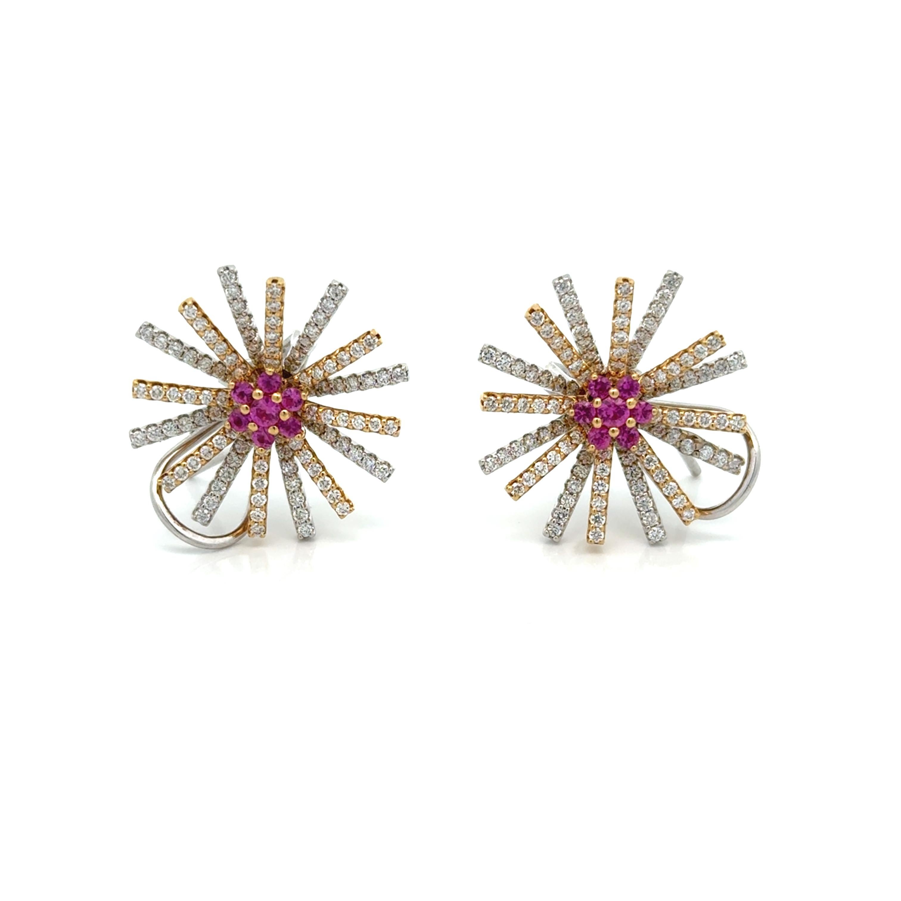 Expertly crafted with 18K gold, these Retro Pink Sapphire, Diamond and 18K Burst Earrings are sure to make a statement. The spectacular starburst design features pink sapphires and diamonds, creating a bold and luxurious look. Perfect for adding a