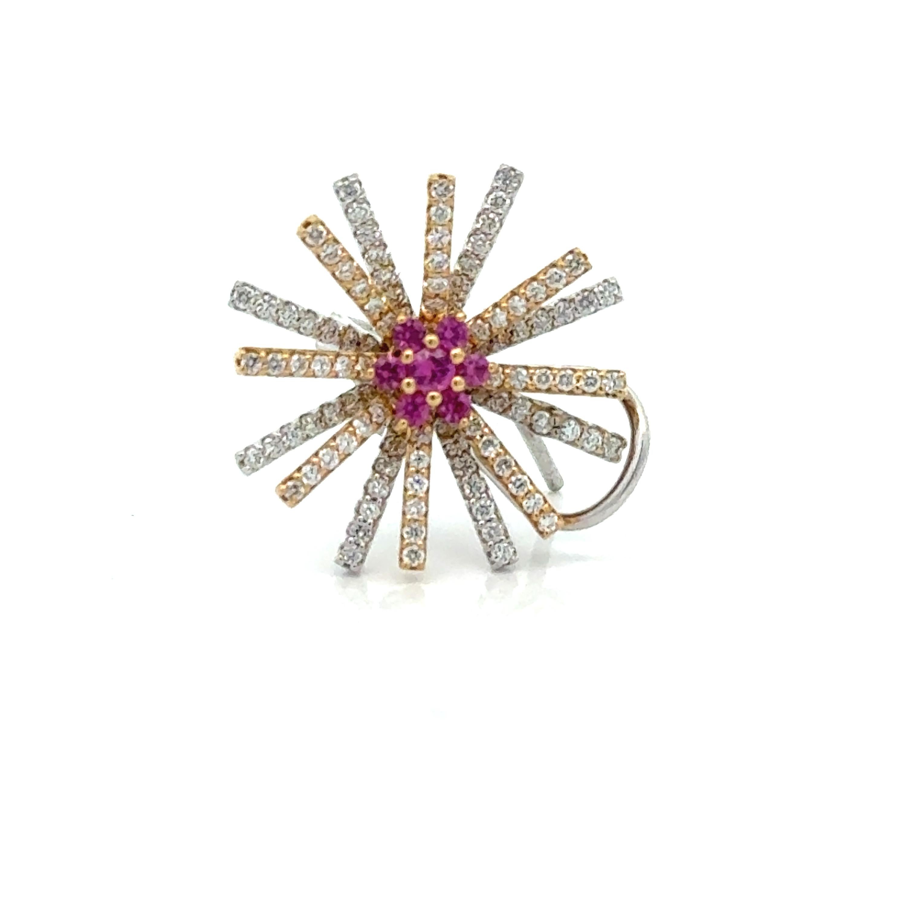 Modern Retro Pink Sapphire, Diamond and 18K Burst Earrings For Sale