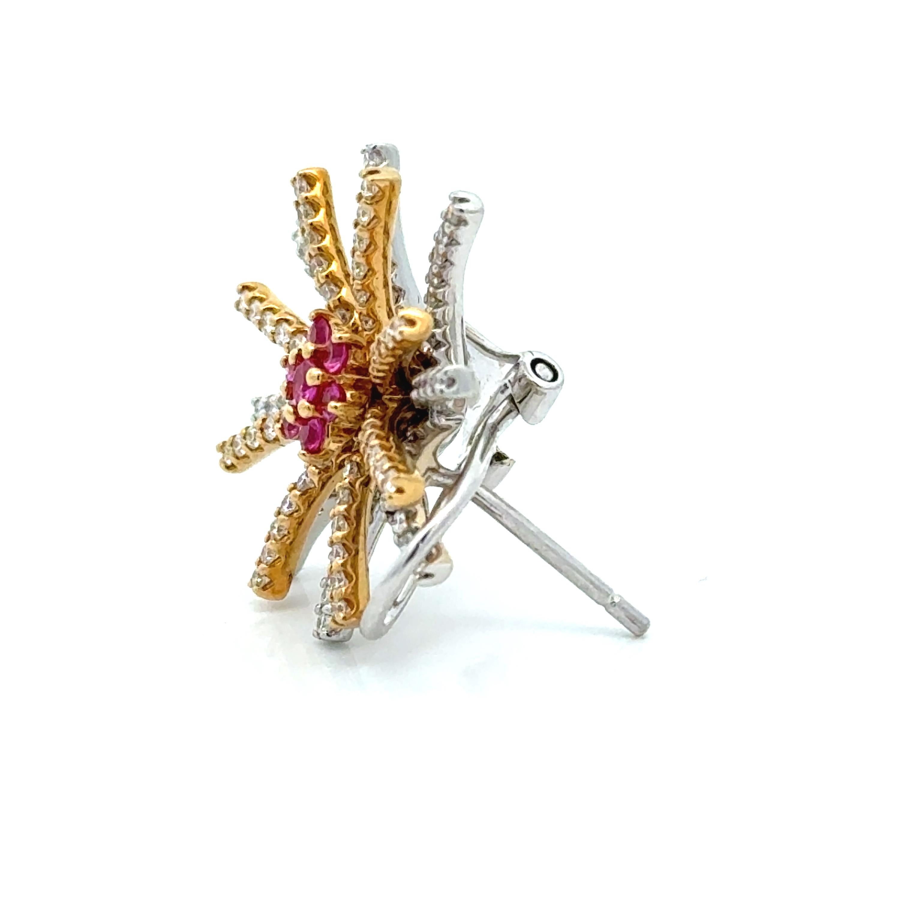 Round Cut Retro Pink Sapphire, Diamond and 18K Burst Earrings For Sale