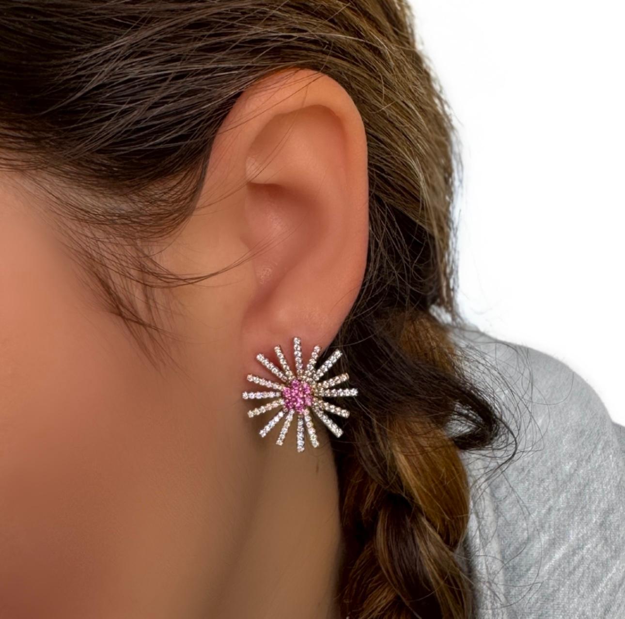 Women's Retro Pink Sapphire, Diamond and 18K Burst Earrings For Sale
