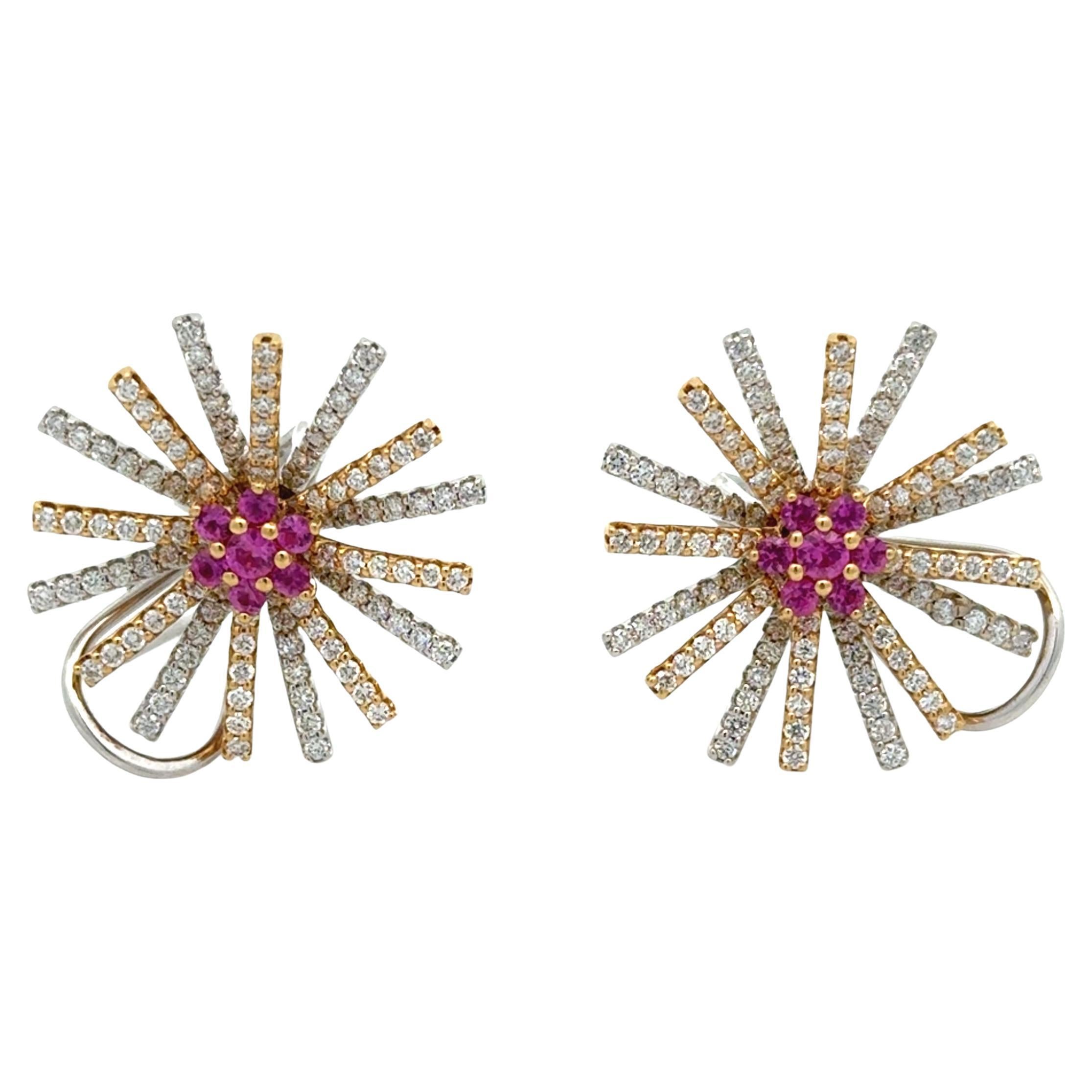 Retro Pink Sapphire, Diamond and 18K Burst Earrings For Sale