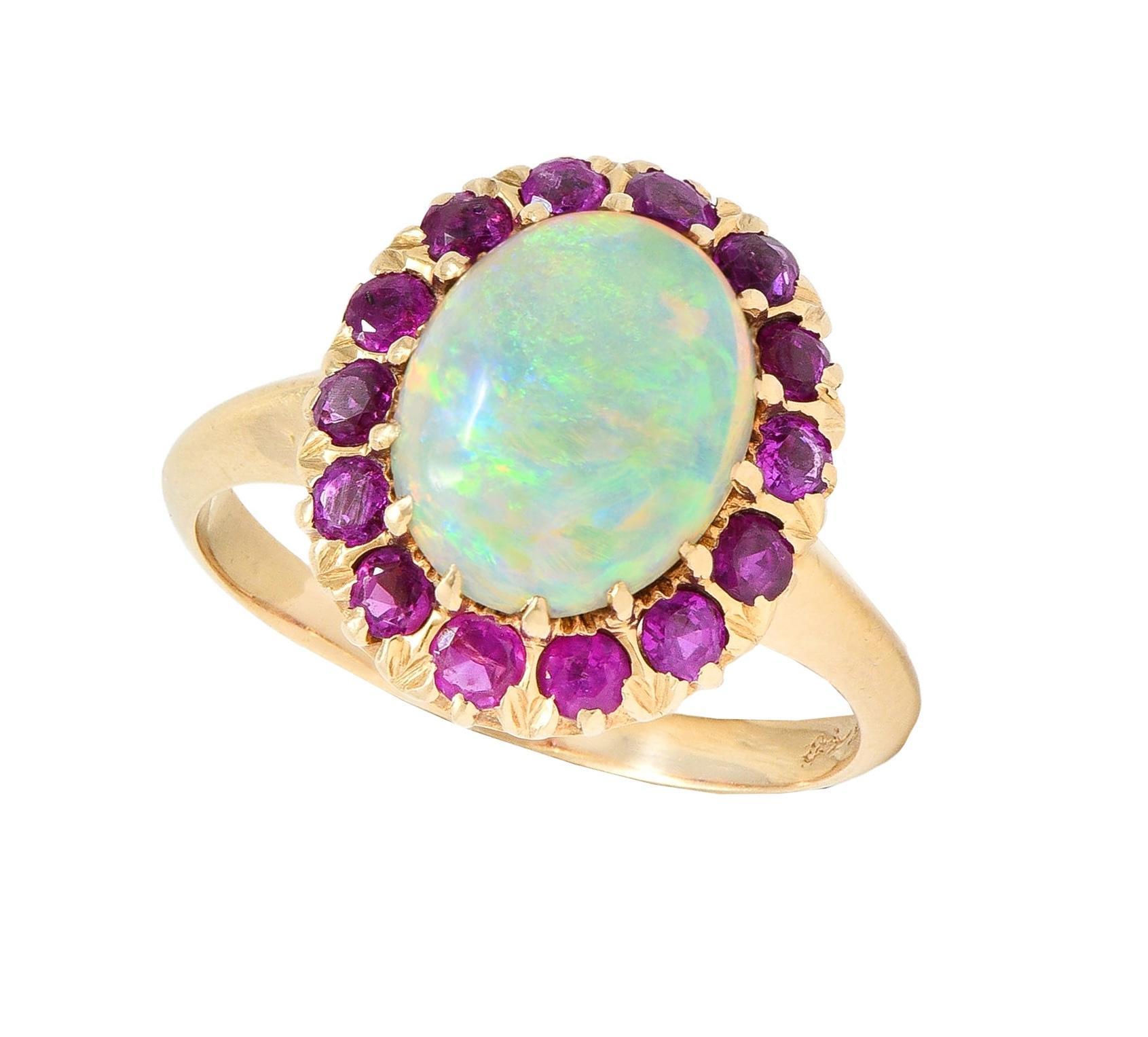 Anello aureola retrò in oro giallo 14 carati con zaffiro rosa e opale in vendita 5