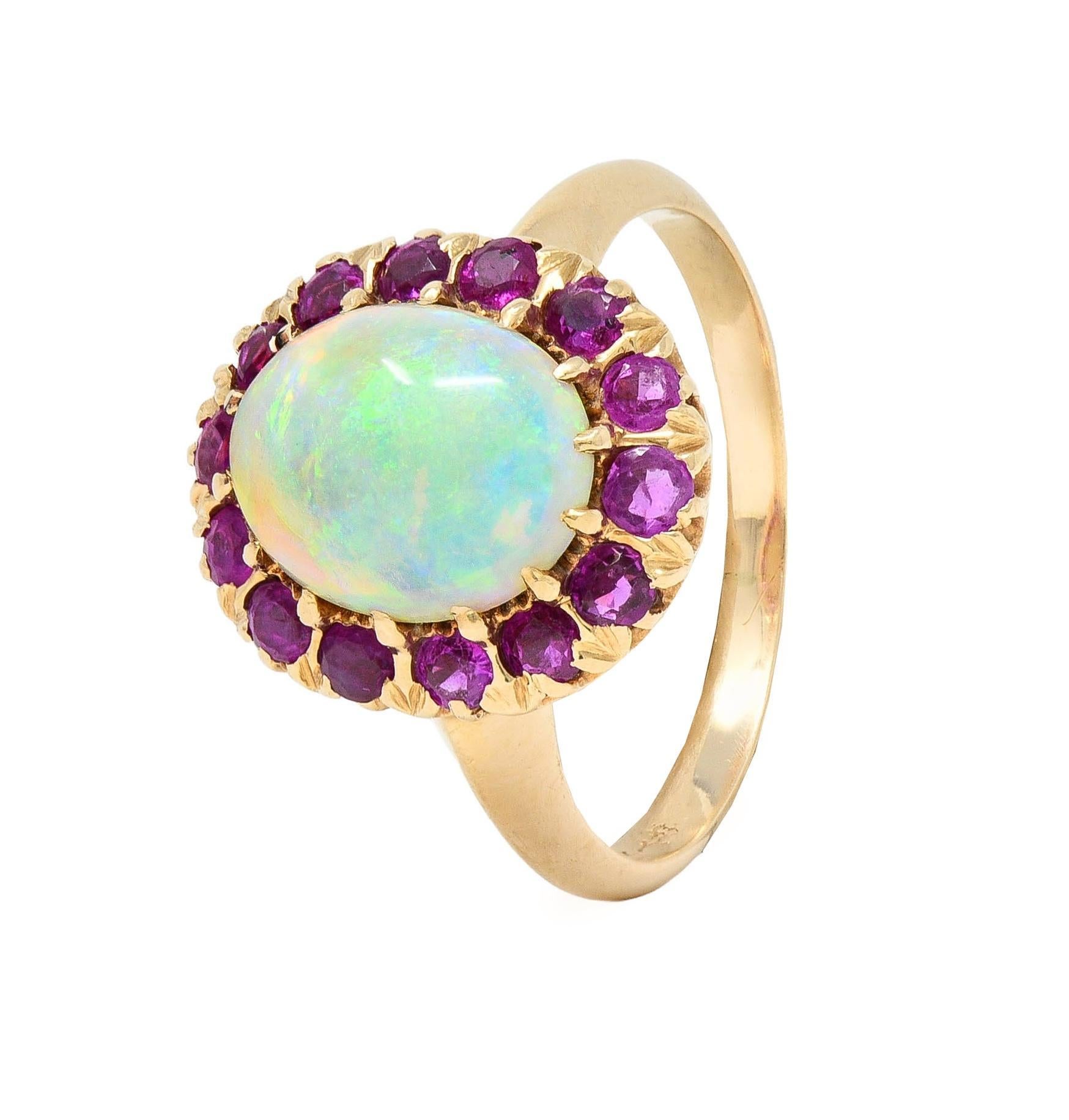 Anello aureola retrò in oro giallo 14 carati con zaffiro rosa e opale in vendita 9