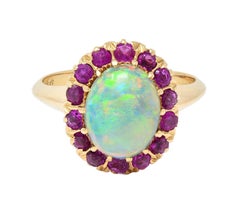 Bague Halo rétro en or jaune 14 carats avec saphir rose et opale