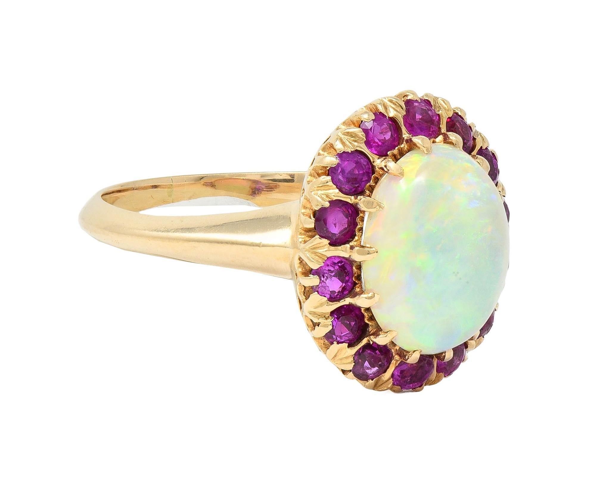 Anello aureola retrò in oro giallo 14 carati con zaffiro rosa e opale In condizioni ottime in vendita a Philadelphia, PA