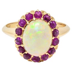 Retro Pink Sapphire Opal 14 Karat Yellow Gold Vintage Halo Ring