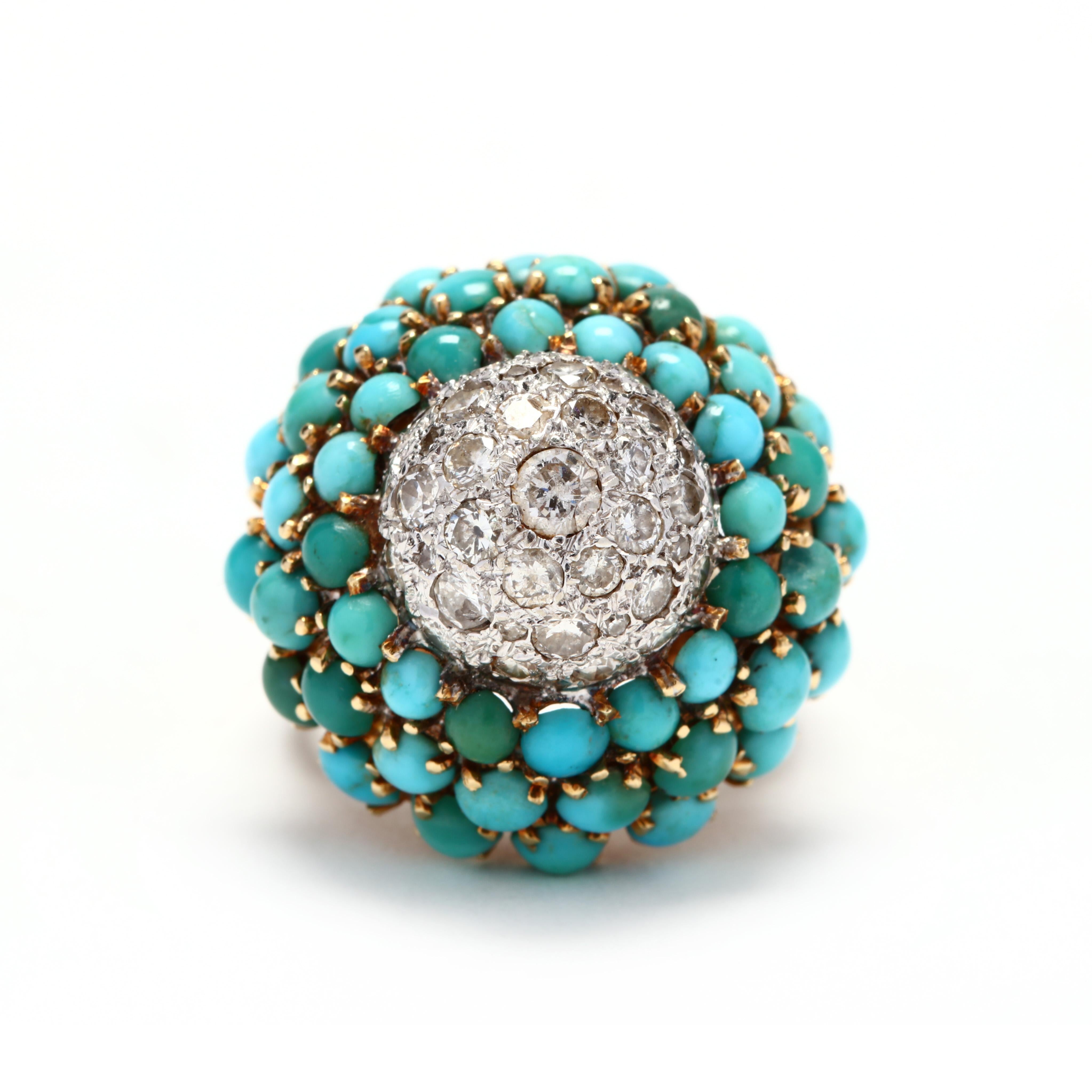 A retro bombe ring with a platinum dome set with full cut round diamonds surrounded by rows of prong set, round cabochon turquoise stones and with a triple shank.

Stones:
- turquoise
- round cabochon, 49 stones
- 2.75-3.5 mm 

- diamonds
- full cut