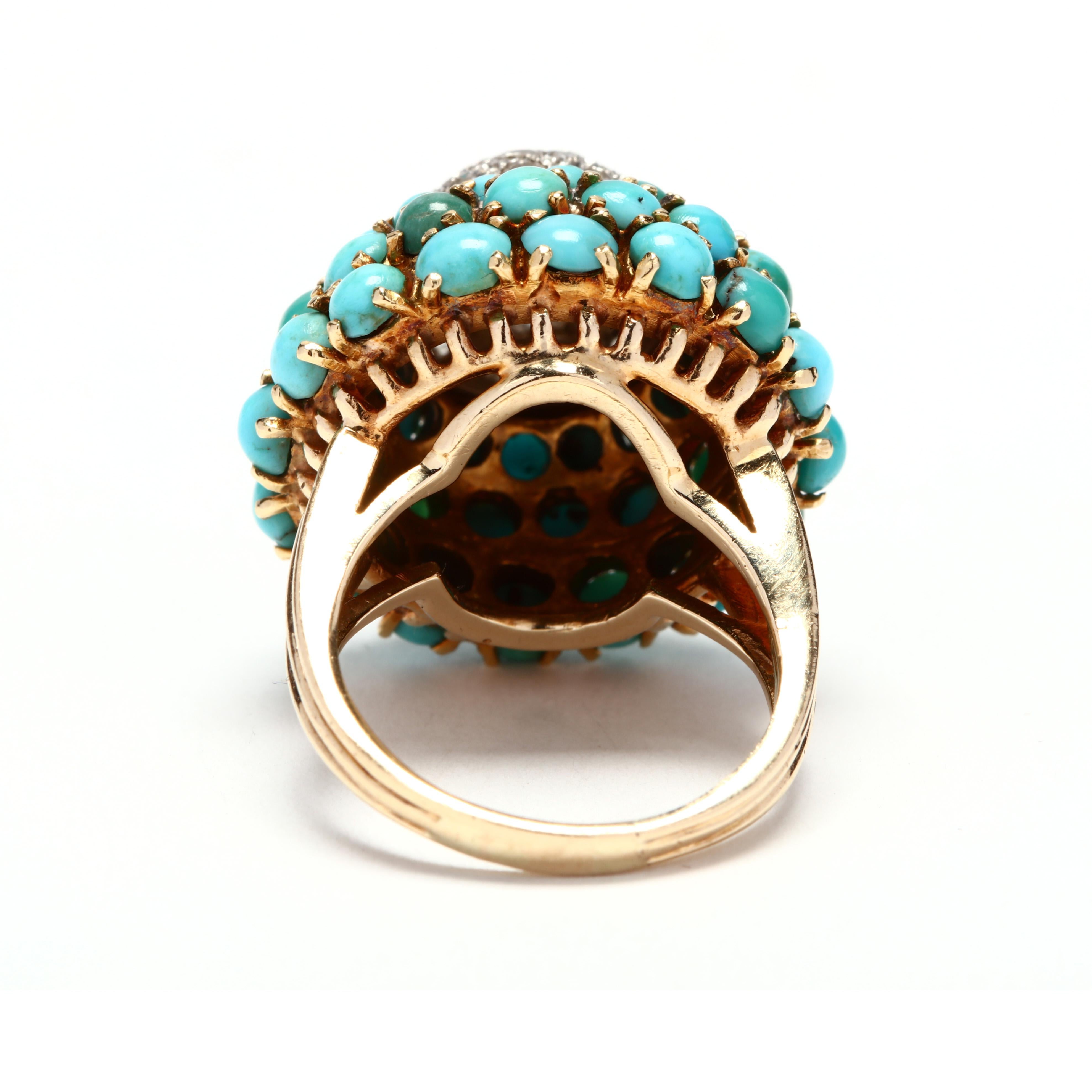 Retro Platinum and 14 Karat Gold Diamond and Turquoise Bombe Ring In Good Condition In McLeansville, NC