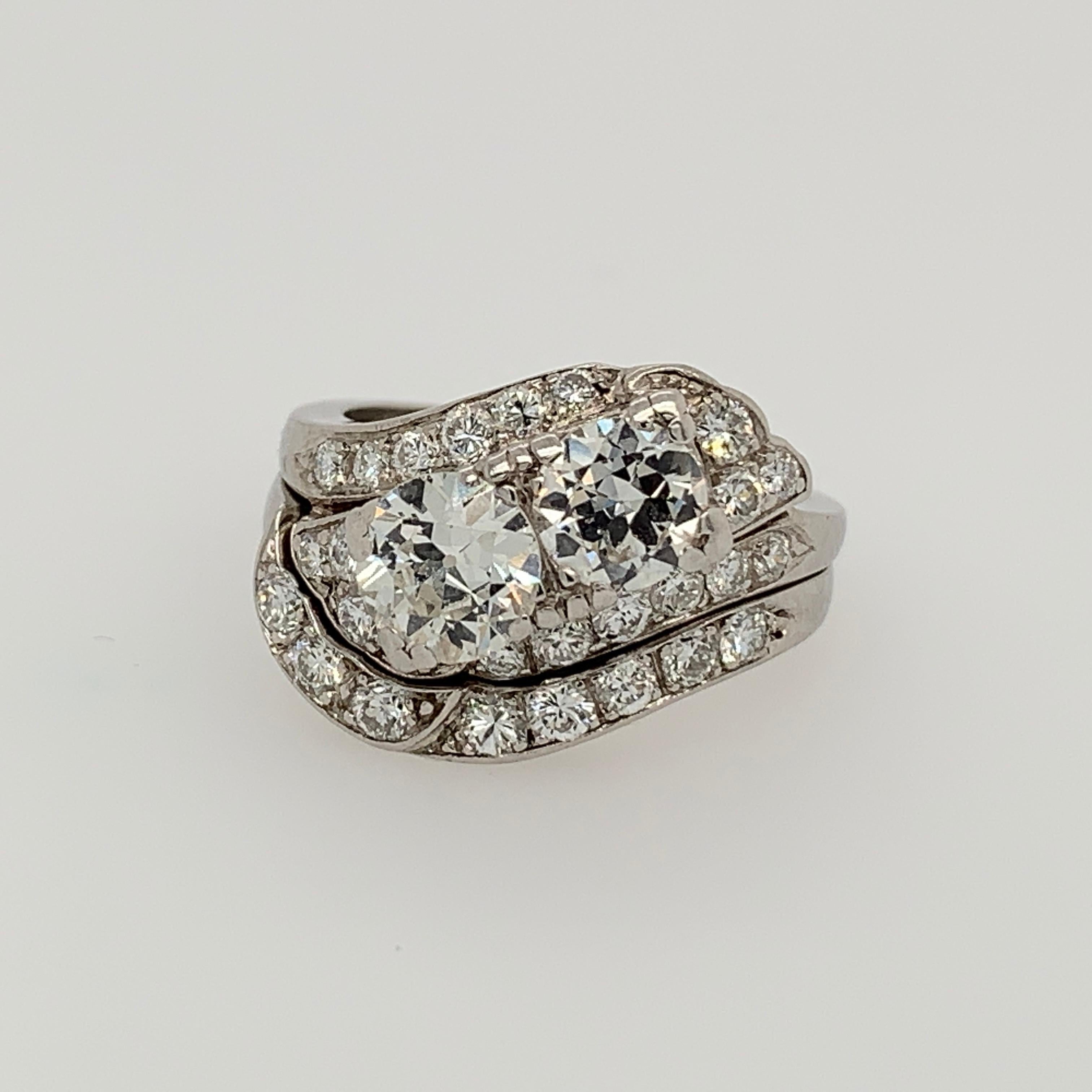 Retro Platin 1,85 Karat runder Brillant natürlicher Diamant Ring & Band Circa 1950 im Zustand „Gut“ im Angebot in Los Angeles, CA