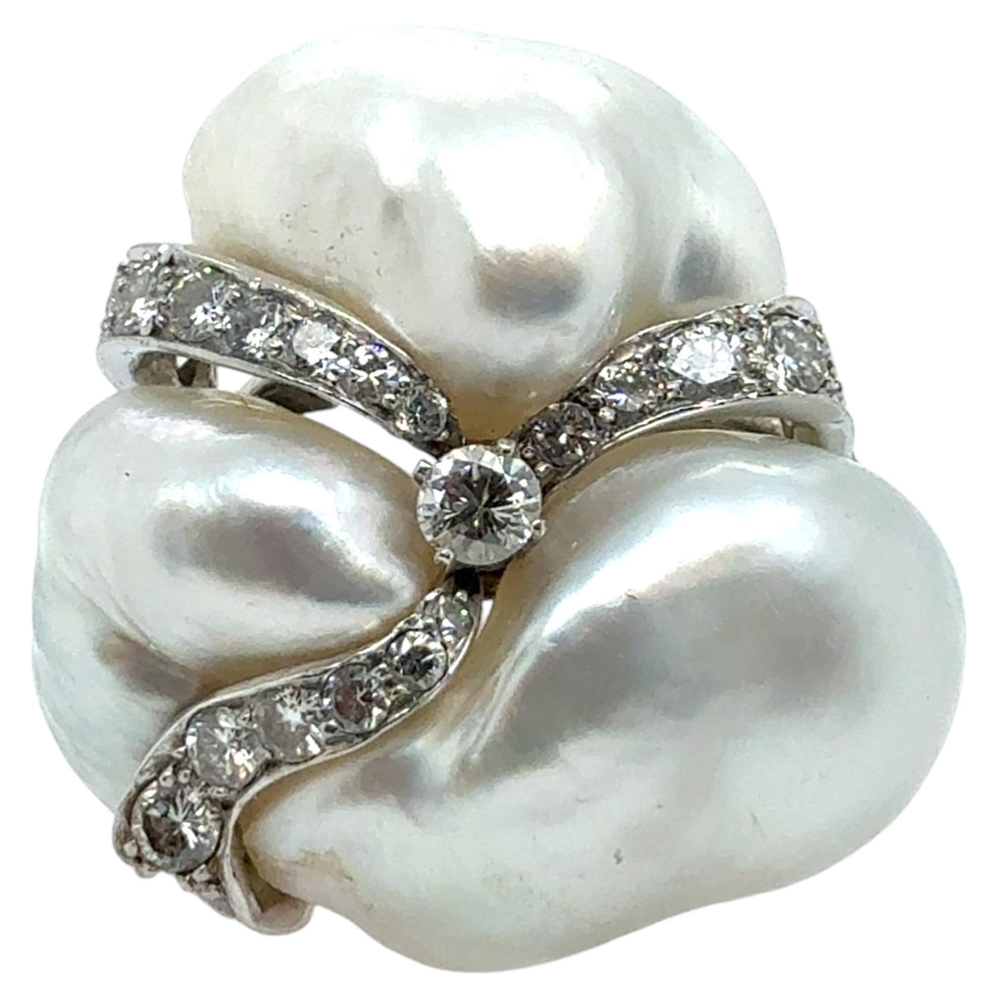 Retro Platinum 2.2 Carat Natural Diamond and Pearl Cocktail Ring Circa 1960