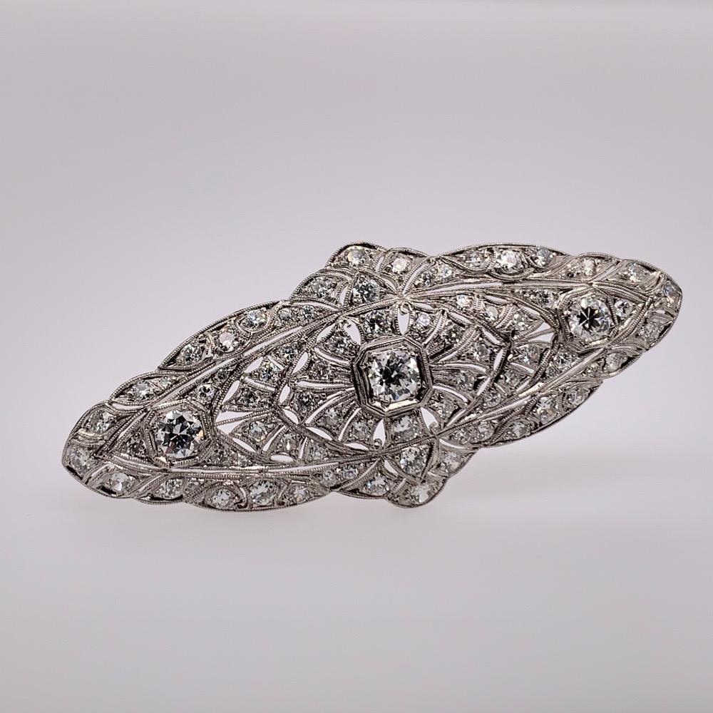 Retro Platinum 4 Carat Natural Old Euro Round White Diamond Brooche, circa 1975 For Sale 3