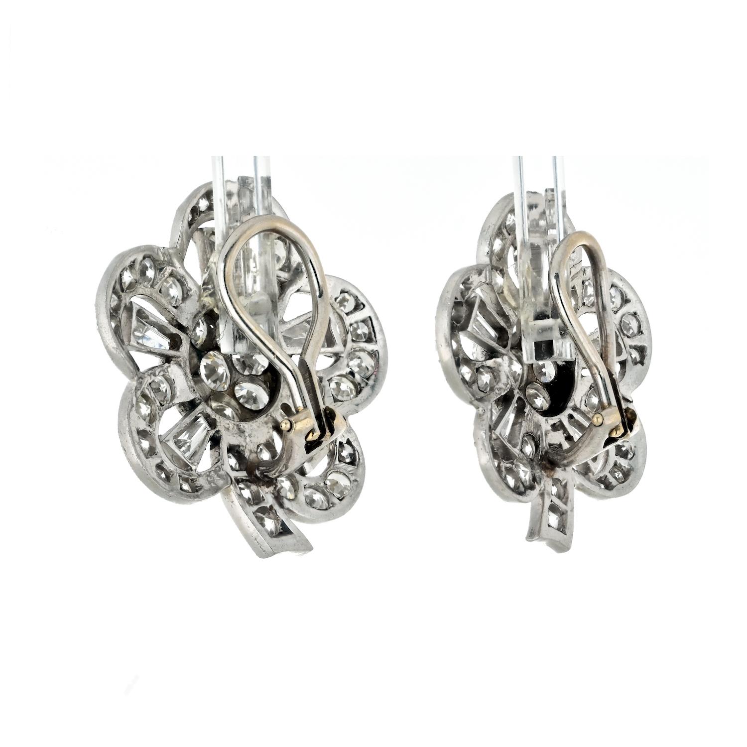 Women's Retro Platinum 8.50cttw Baguette, Round Cut Diamond Flower Earrings For Sale