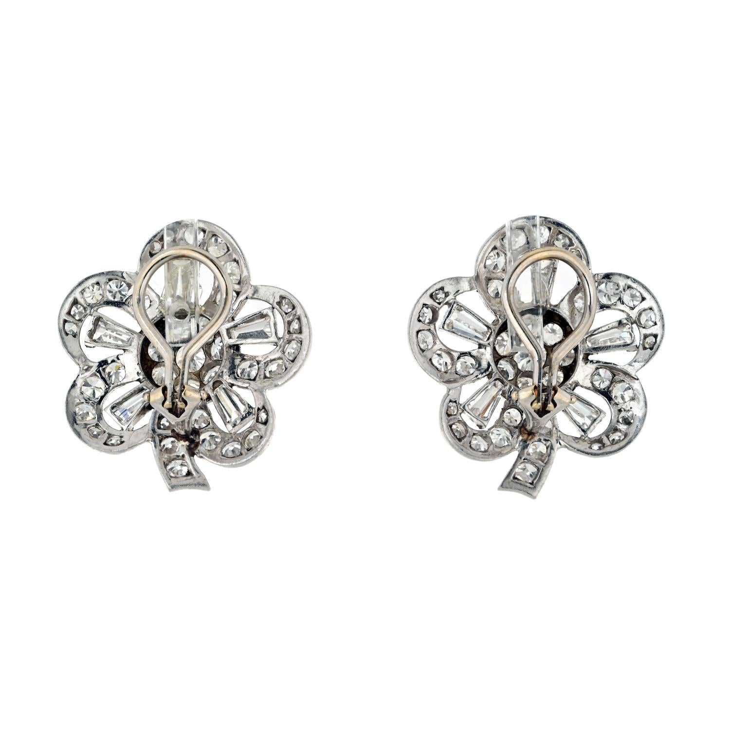 Retro Platinum 8.50cttw Baguette, Round Cut Diamond Flower Earrings For Sale 1
