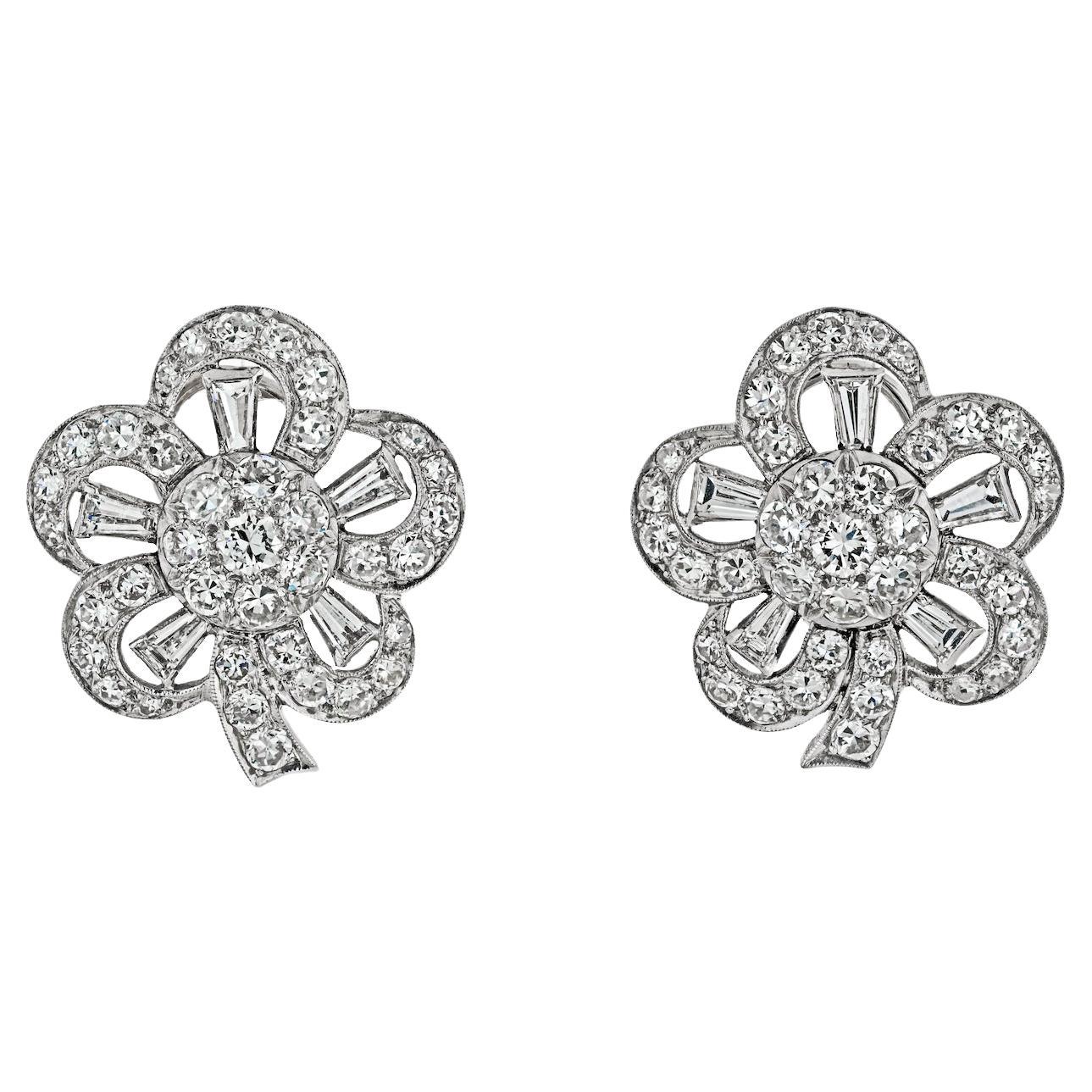 Retro Platinum 8.50cttw Baguette, Round Cut Diamond Flower Earrings For Sale