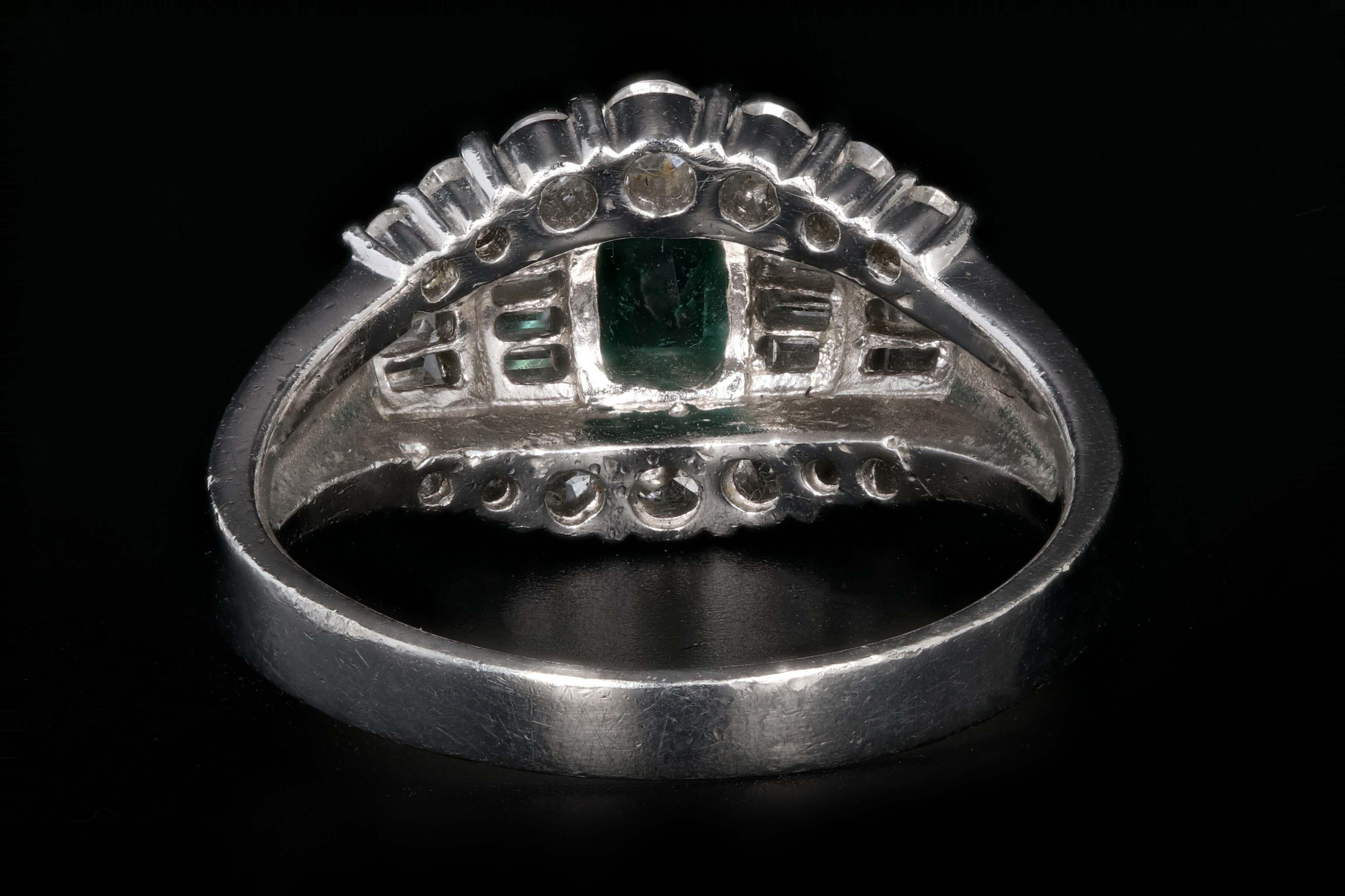 Retro Platinum .88 Carat Emerald and Diamond Ring In Excellent Condition In Cape May, NJ