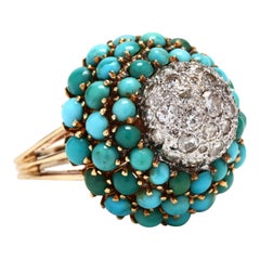 Retro Platinum and 14 Karat Gold Diamond and Turquoise Bombe Ring