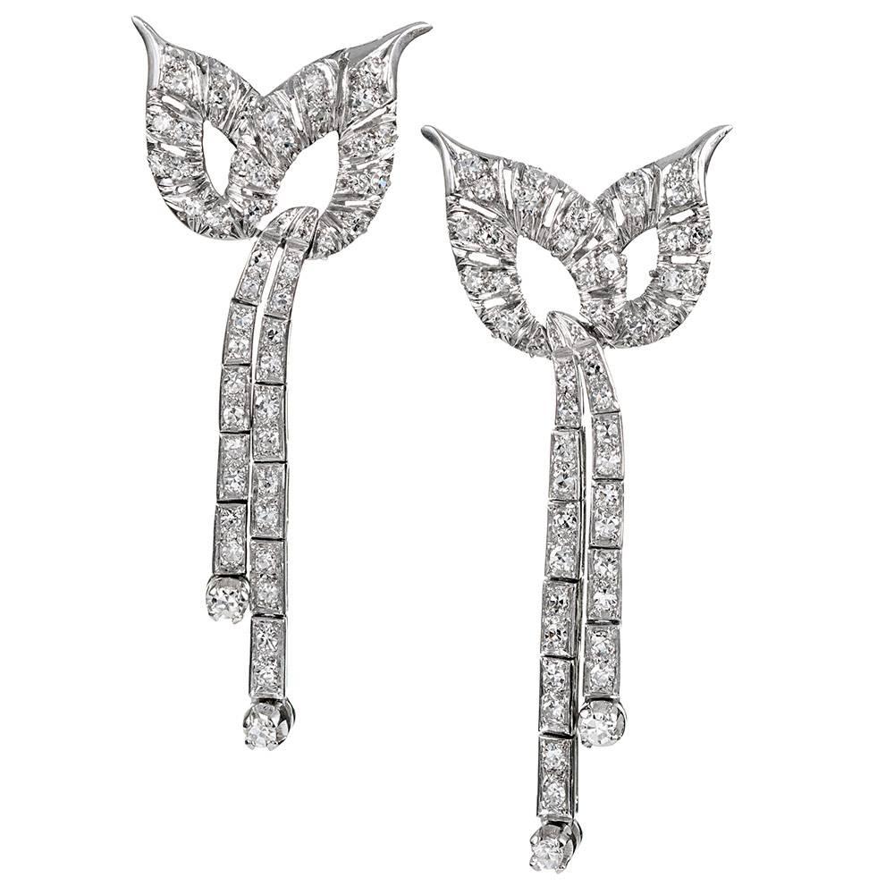 Retro Platinum and Diamond Drop Earrings