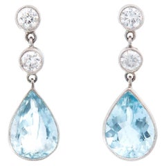 Retro Platinum Aquamarine and Diamond Dangle Earrings