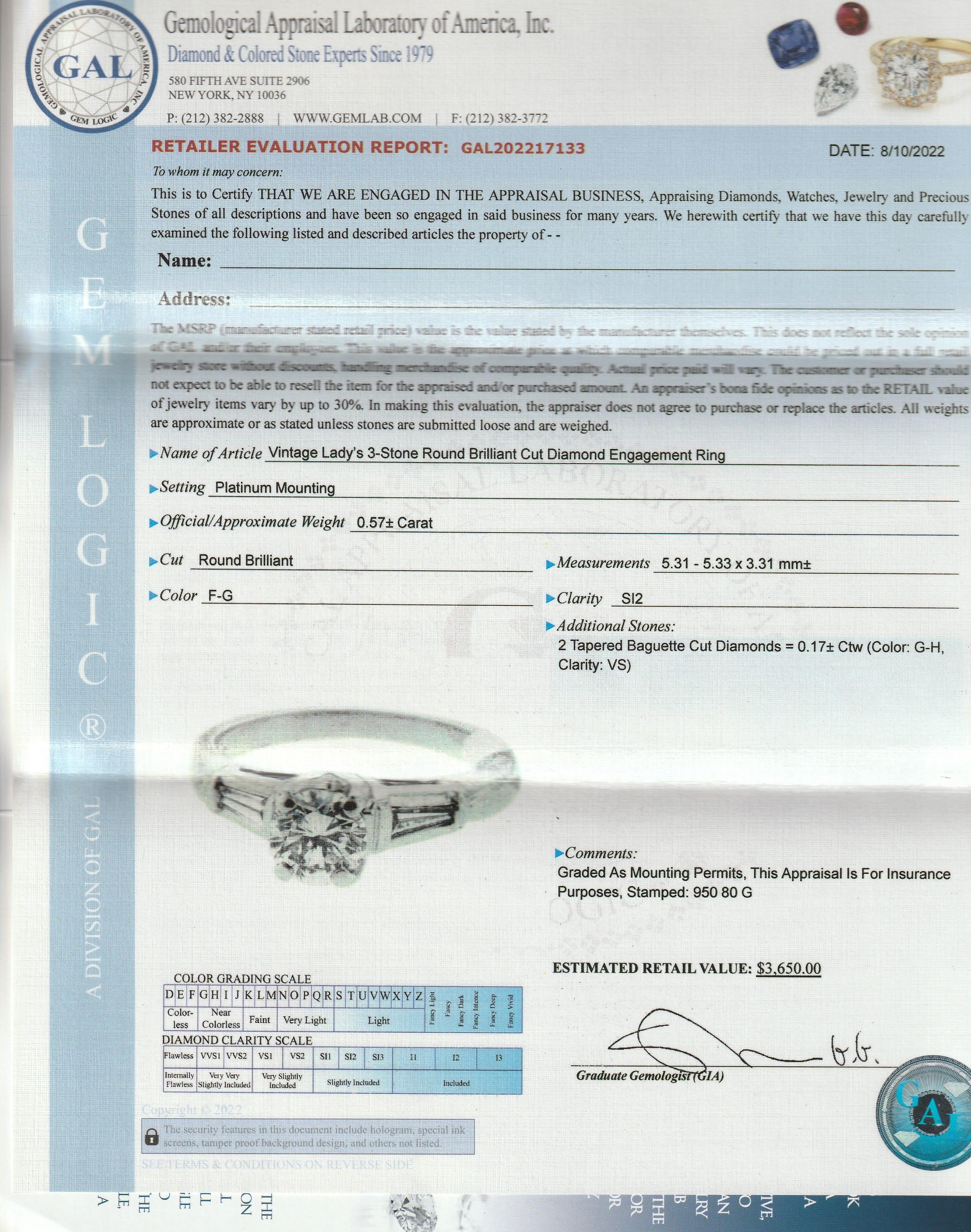 Retro Platin-Verlobungsring mit 0,74 Karat rundem Diamanten im Brillantschliff im Angebot 9