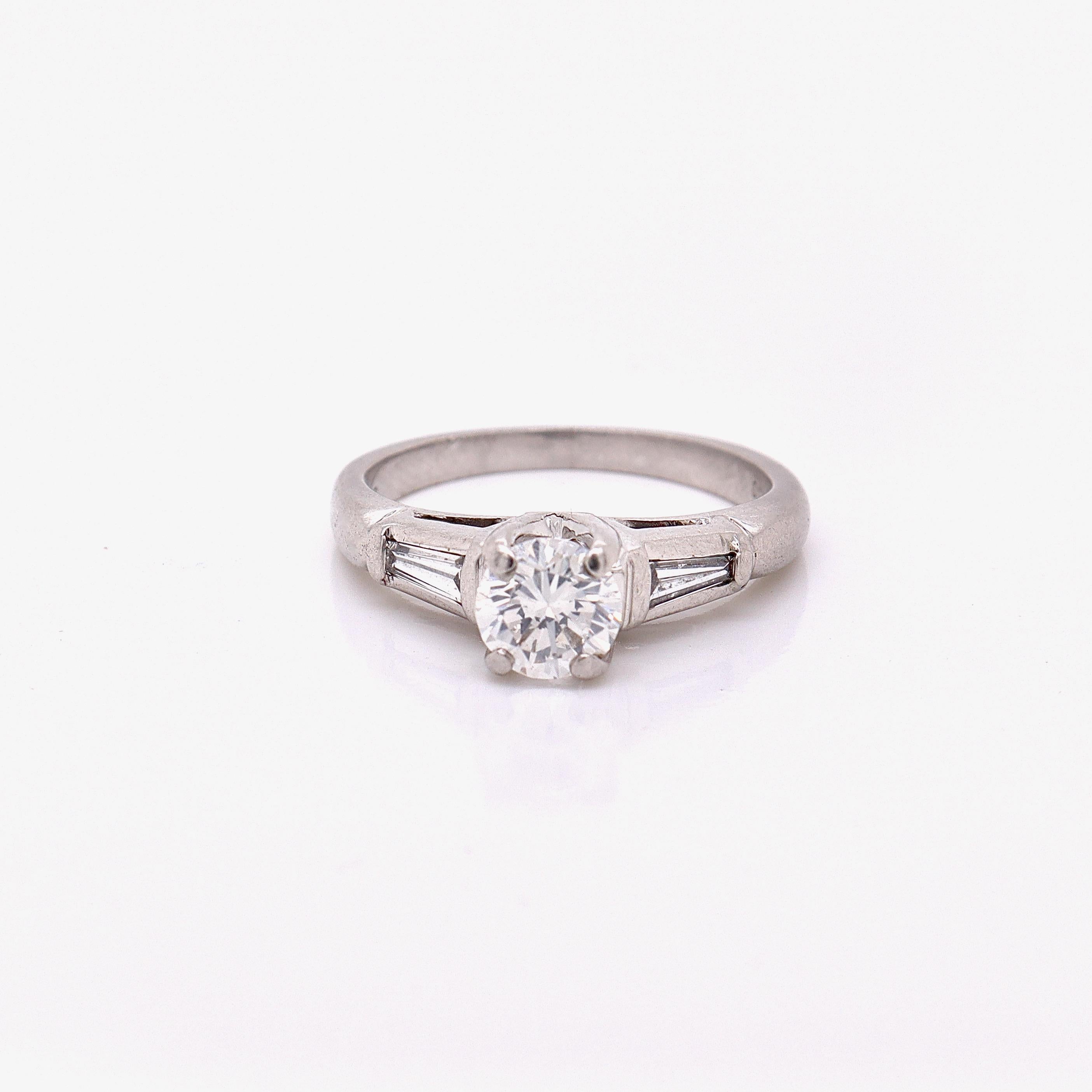 Retro Platinum Cathedral 0.74 Ctw Round Brilliant Cut Diamond Engagement Ring For Sale 2