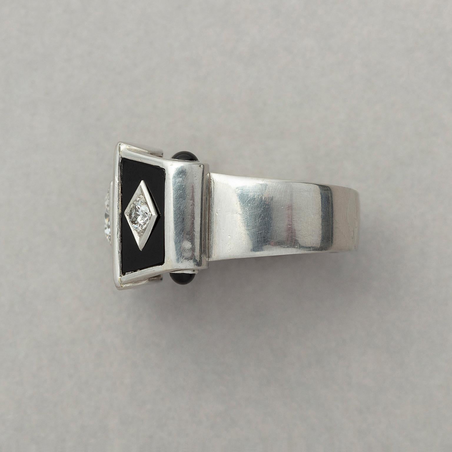 Old European Cut Retro Platinum Diamond and Onyx Ring For Sale