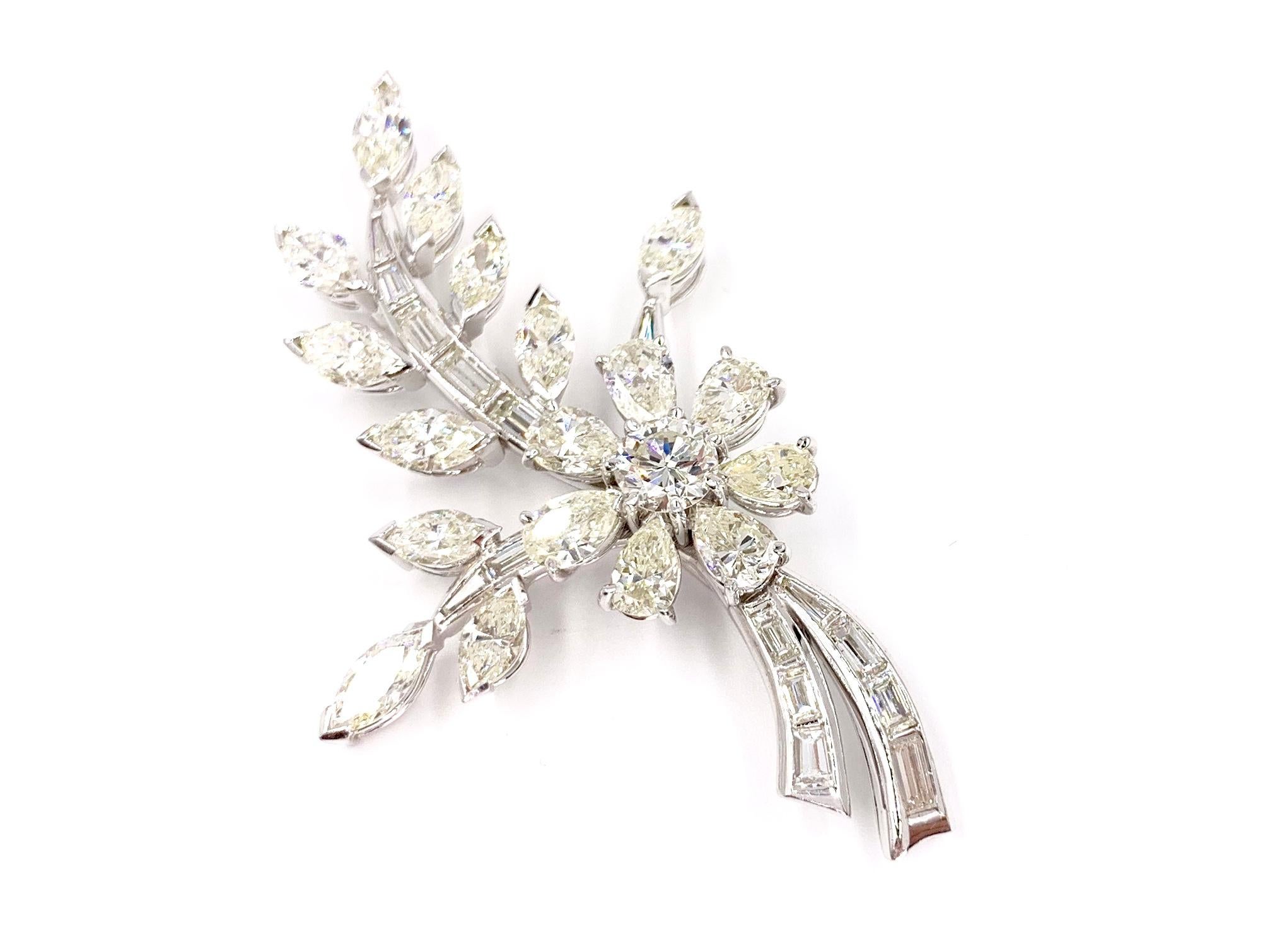 Retro Platinum Diamond Floral Spray Brooch Approximate 6.82 Carat Total Weight In Excellent Condition In Pikesville, MD