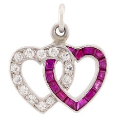 Retro Platinum Diamond & Ruby Double Heart Pendant/Charm