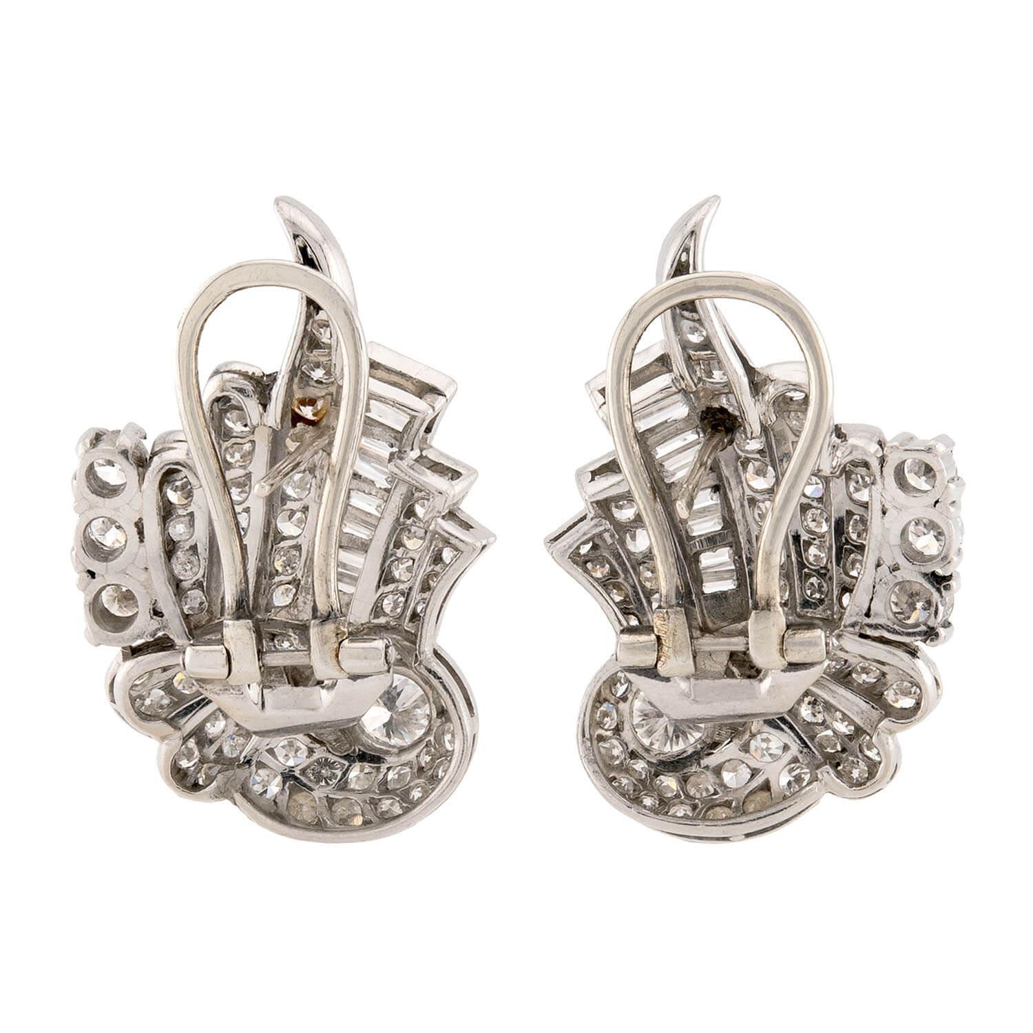 Baguette Cut Retro Platinum Diamond Swirling-Motif Earrings For Sale