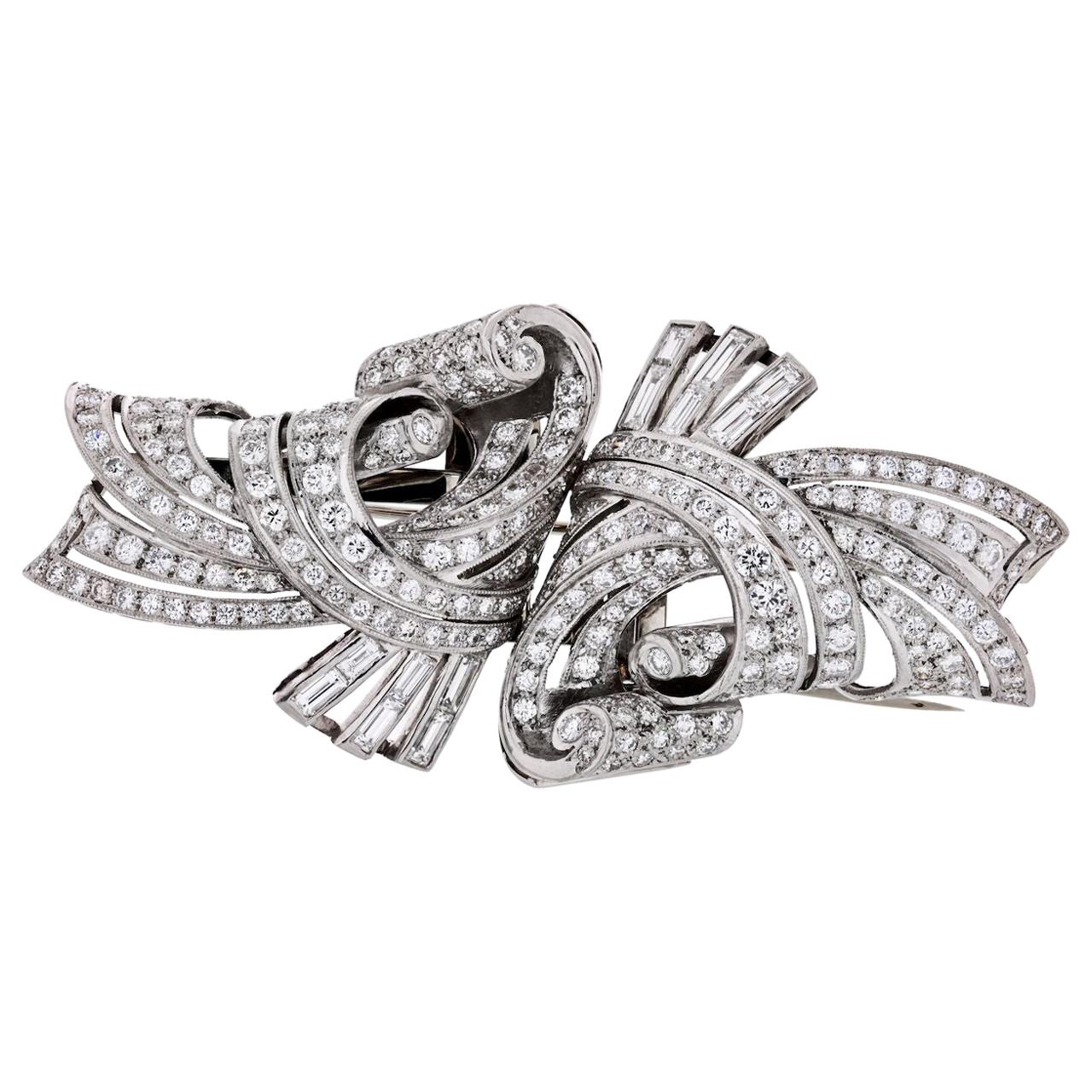 Retro Platinum Double Clips with Round and Baguette Diamonds Brooch