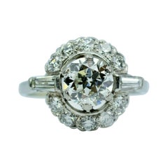 Retro Platinum European Cut Diamond with Baguette & Single Cut Diamond Ring