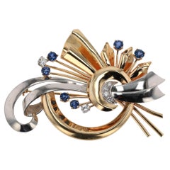 Retro Platinum/Gold Diamond & Sapphire Cosmic Brooch Pin-Pendant